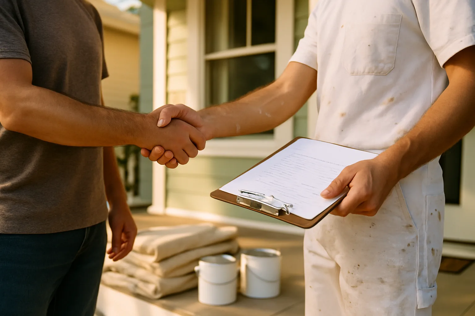 Homeowner reviewing a written estimate with a painting contractor on a Gulf Coast front porch before booking