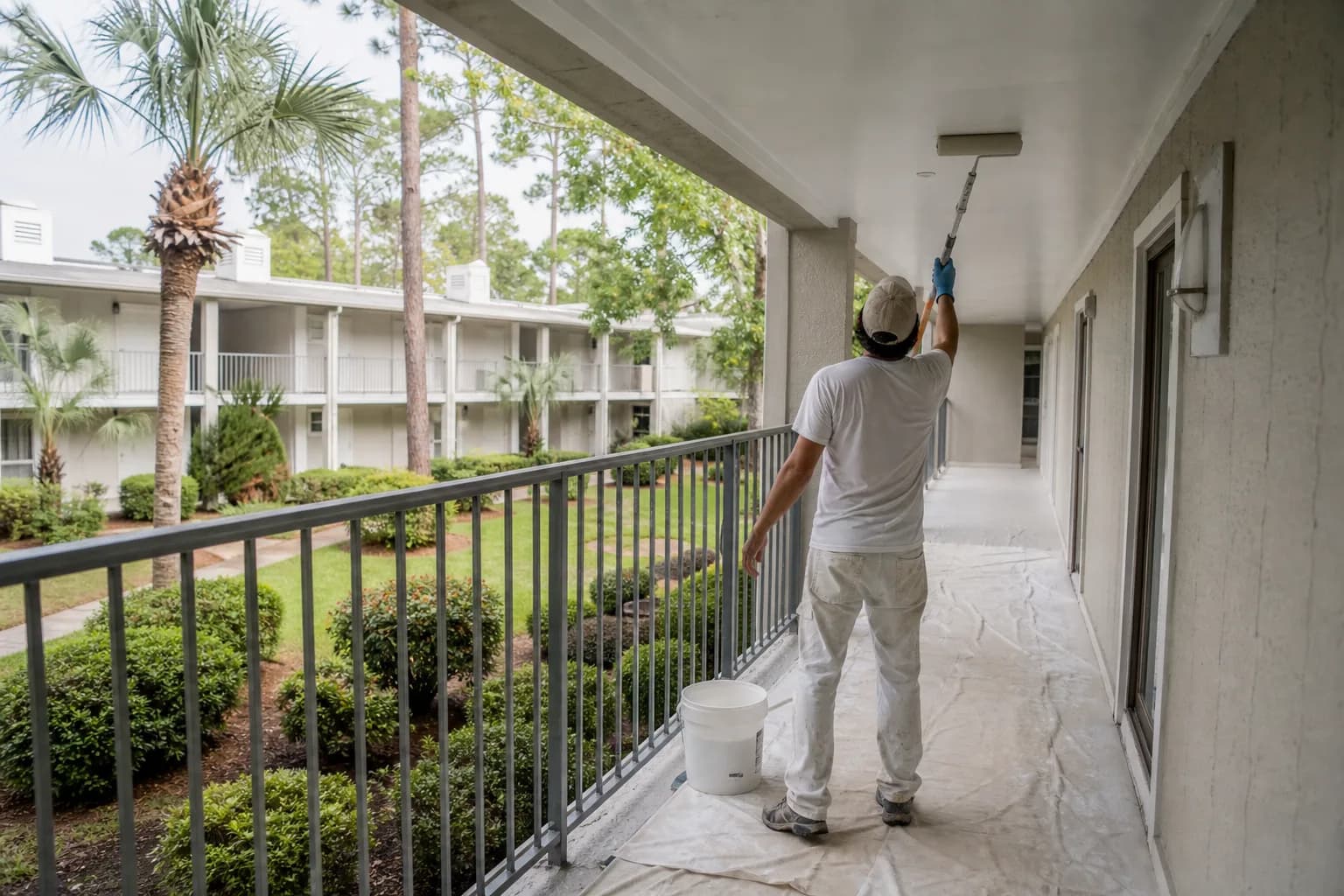 Painters refreshing a covered condo breezeway and railings in a Gulf Coast HOA community