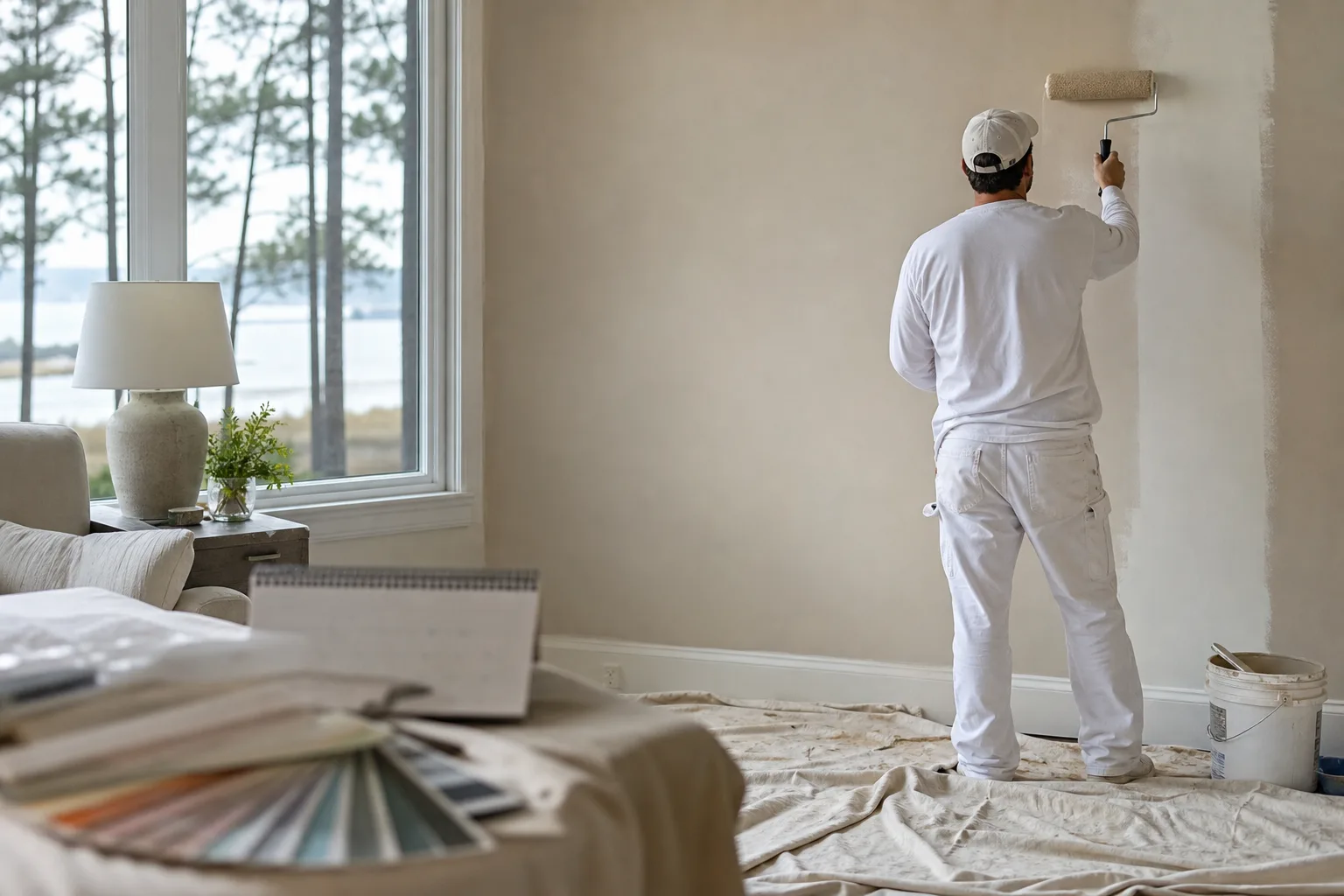 Painter refreshing a Gulf Coast living room wall ahead of the holidays with a calendar and swatches nearby