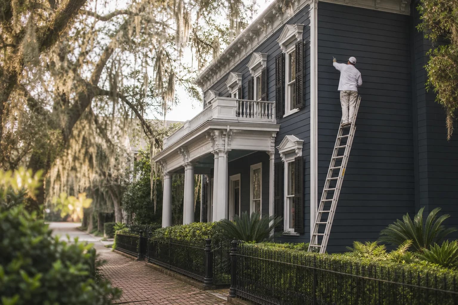 House painter restoring exterior trim on a historic early-1900s home in midtown Mobile