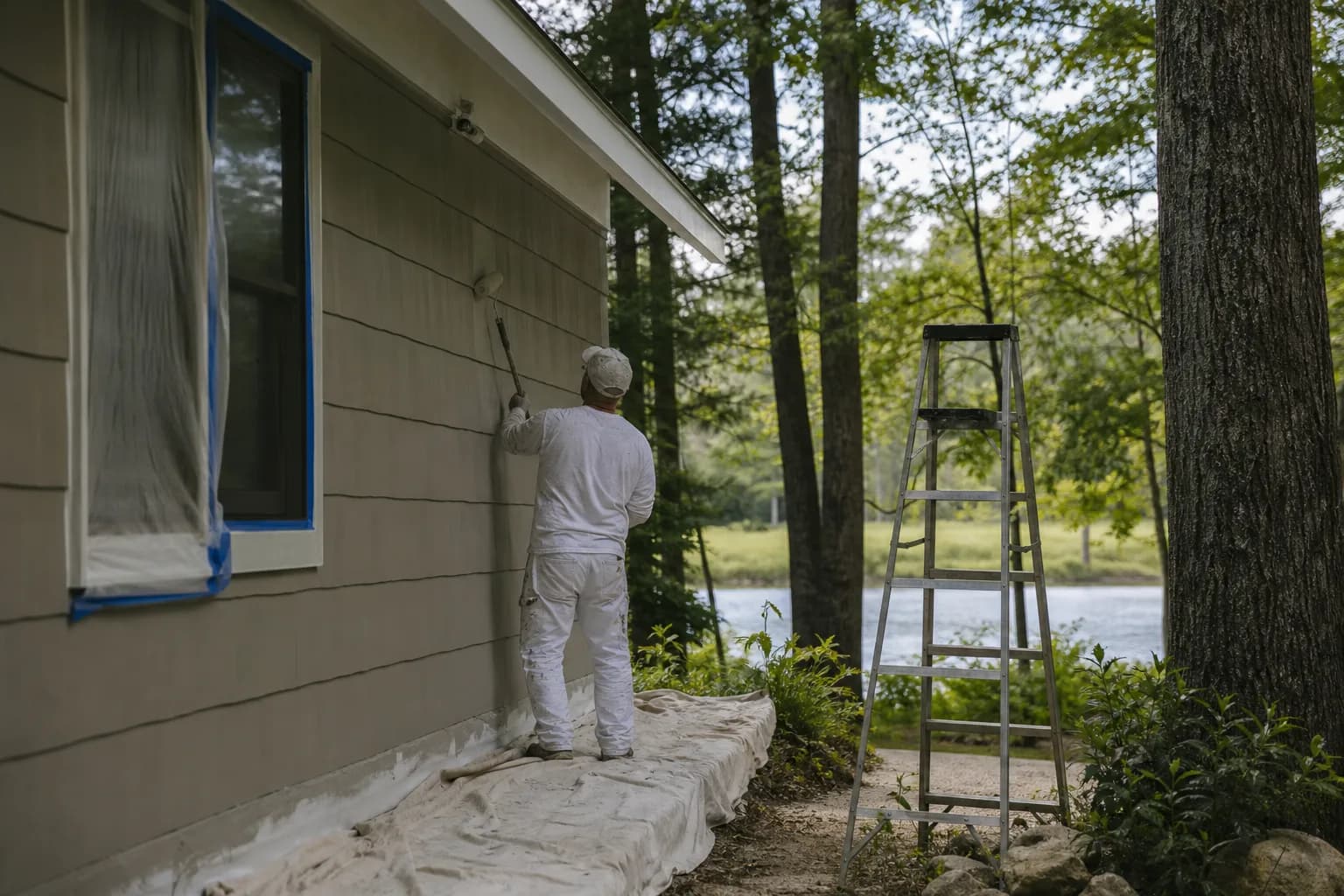 House painter repainting the shaded, tree-covered side of a home in Creola, AL near the Mobile River