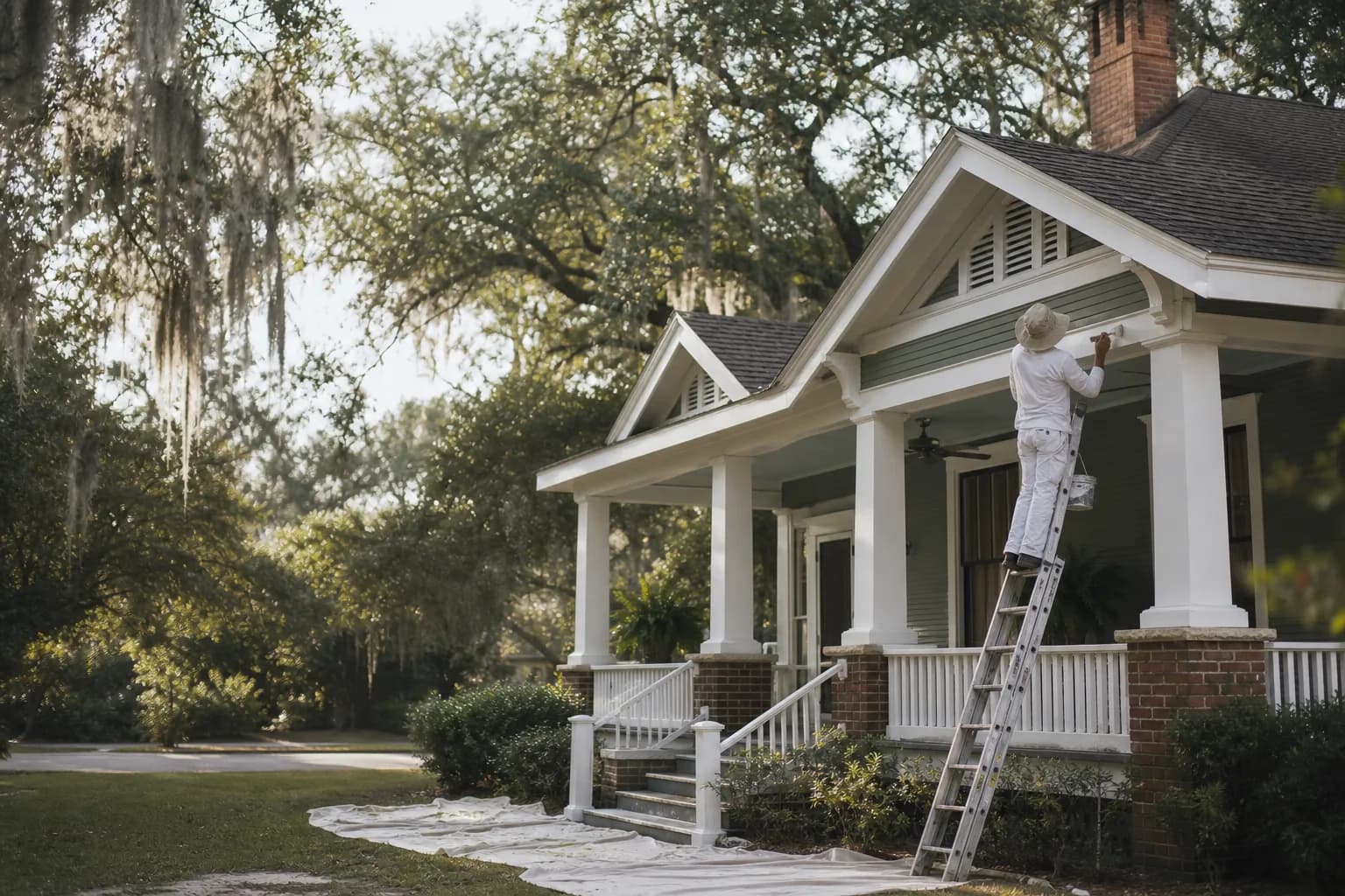 House painter cutting in white porch trim on a historic cottage in Fairhope's Fruit & Nut District