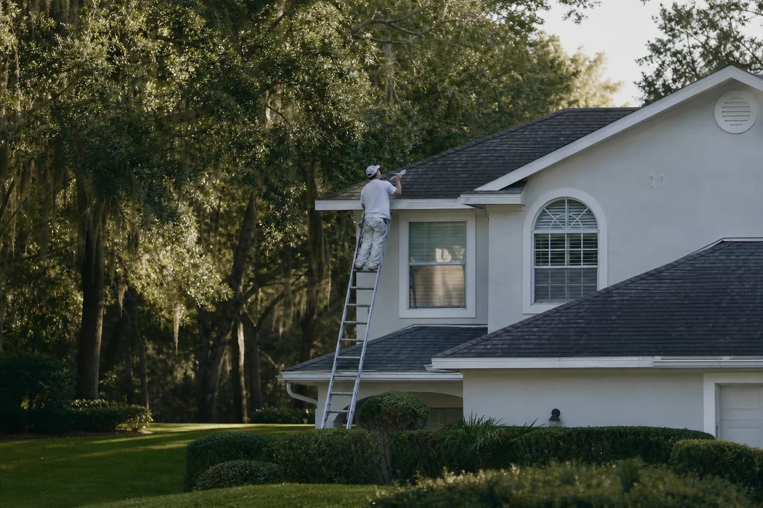 House painter refinishing the exterior of a mature shaded home in the Lake Forest subdivision of Daphne, AL