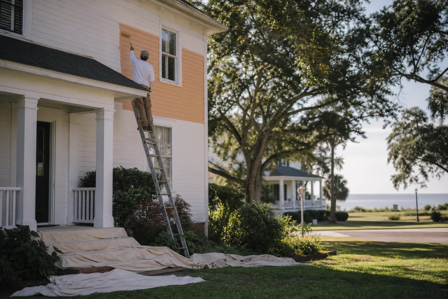 House painter rolling a warm body color on an older home in Olde Towne Daphne near the Mobile Bay bluff