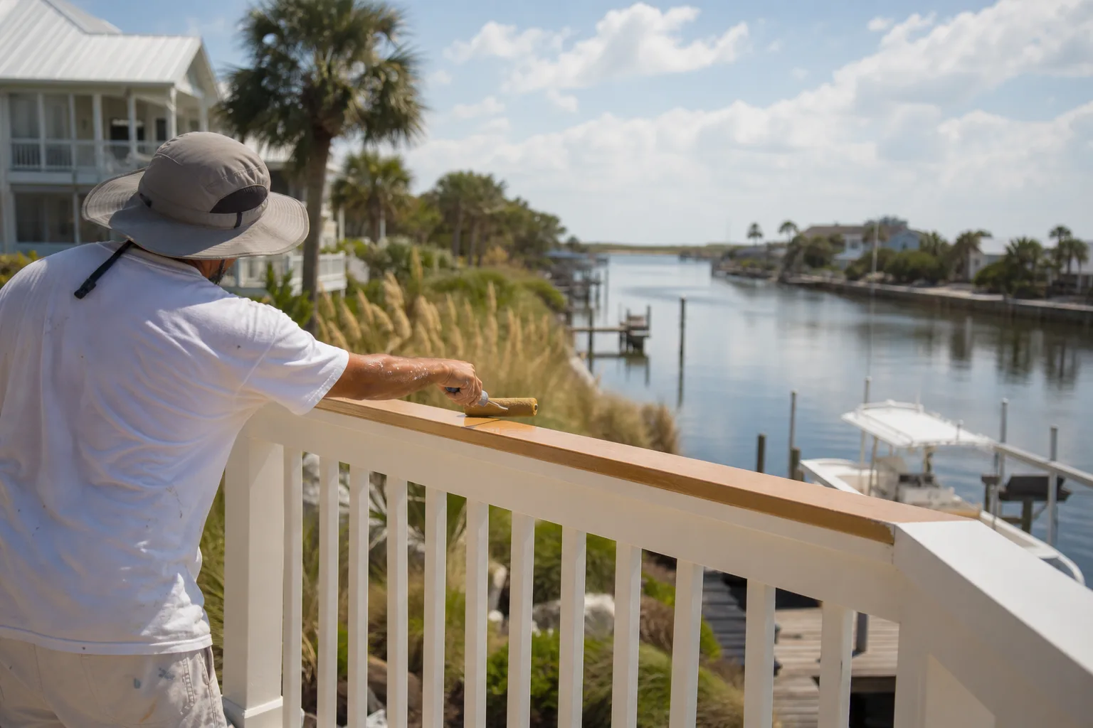 Painter refinishing a deep-water canal estate on Ono Island in Orange Beach, illustrating house painters on Ono Island