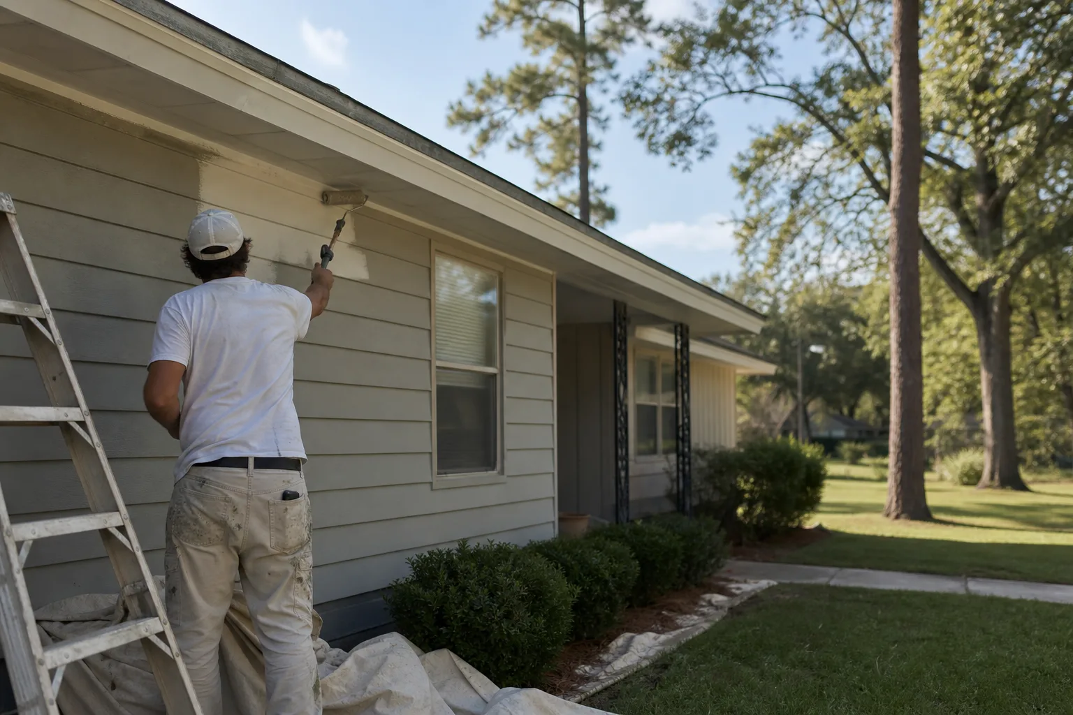 House painter rolling fresh paint onto the exterior siding of an older ranch home in Saraland, AL