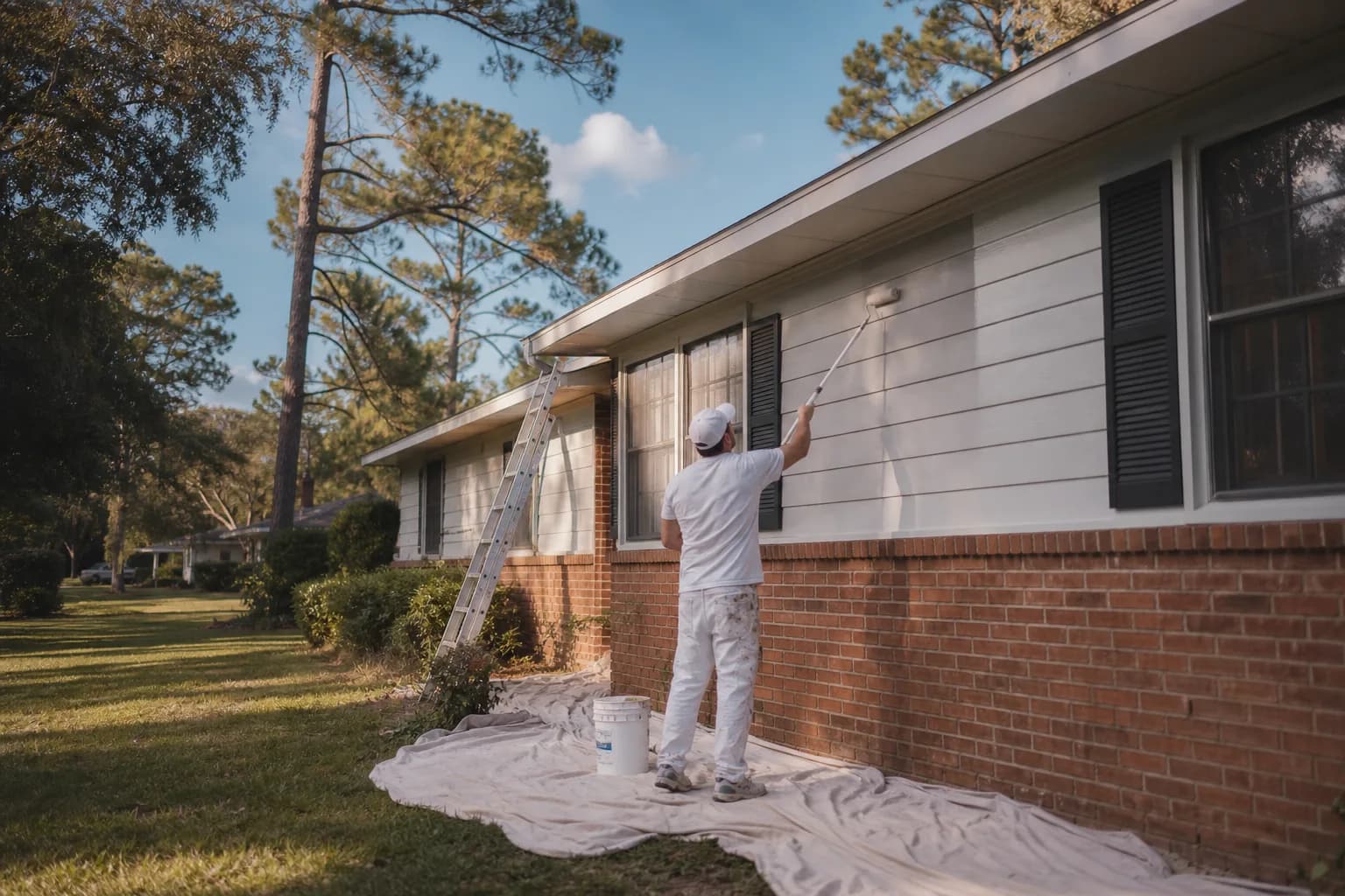 House painter rolling fresh paint onto the siding of an older ranch home in Satsuma, AL