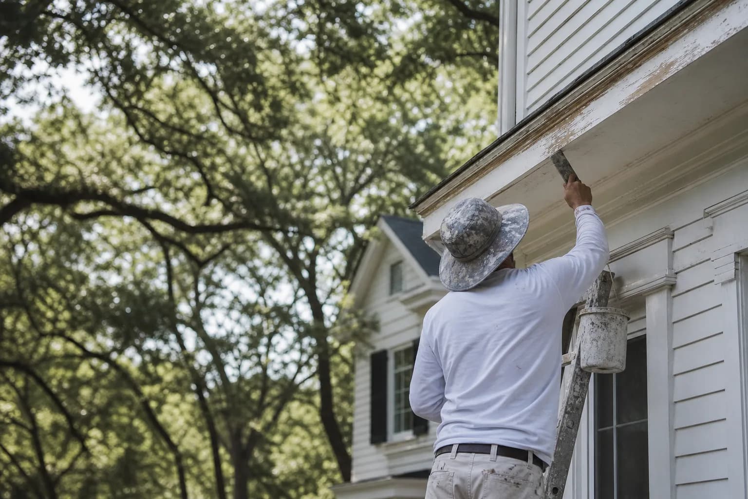 House painters prepping the exterior trim of an established home on a tree-lined street in Spring Hill, Mobile, Alabama