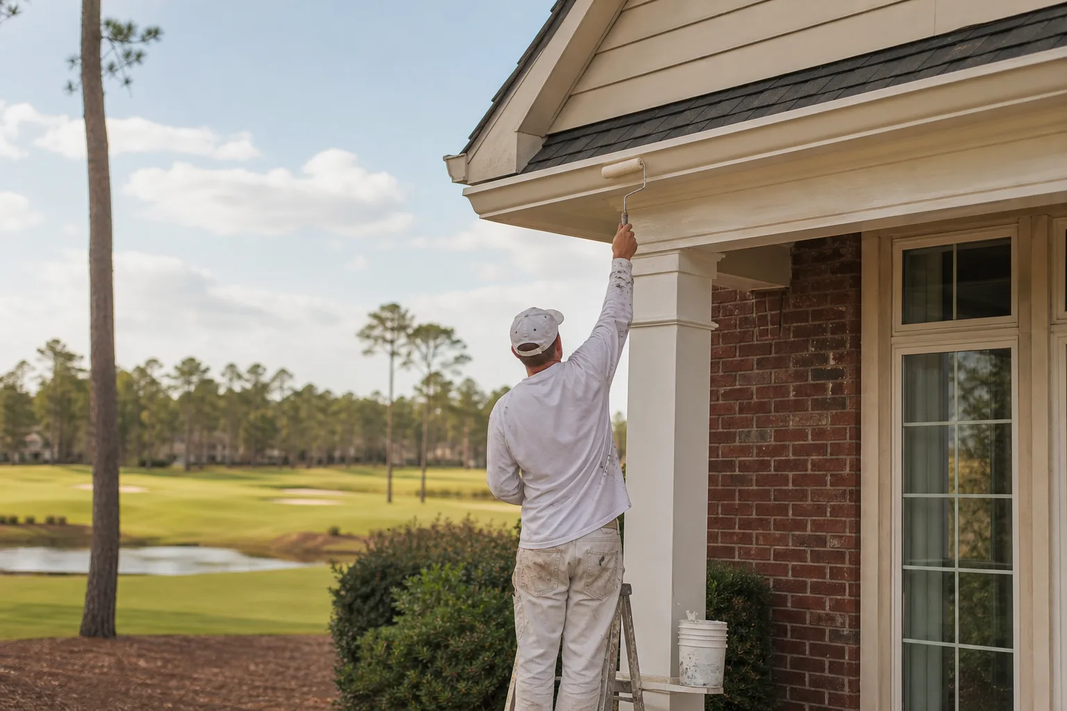 House painter refreshing exterior trim on a golf-community home in TimberCreek, Spanish Fort