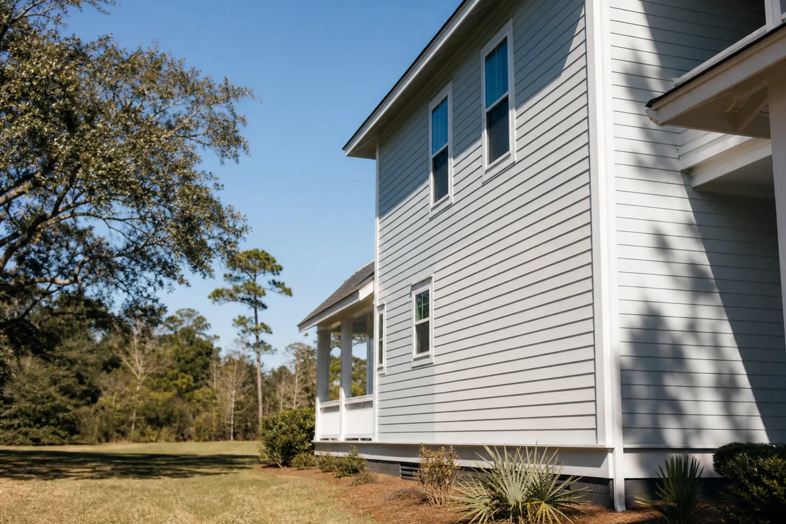 Exterior paint color reading lighter in bright coastal sun than in shade on a Gulf Coast home
