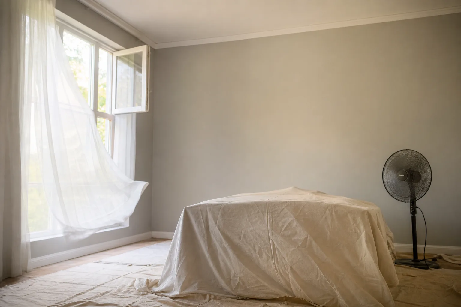 Freshly painted room airing out with an open window and furniture pulled away from the walls to cure