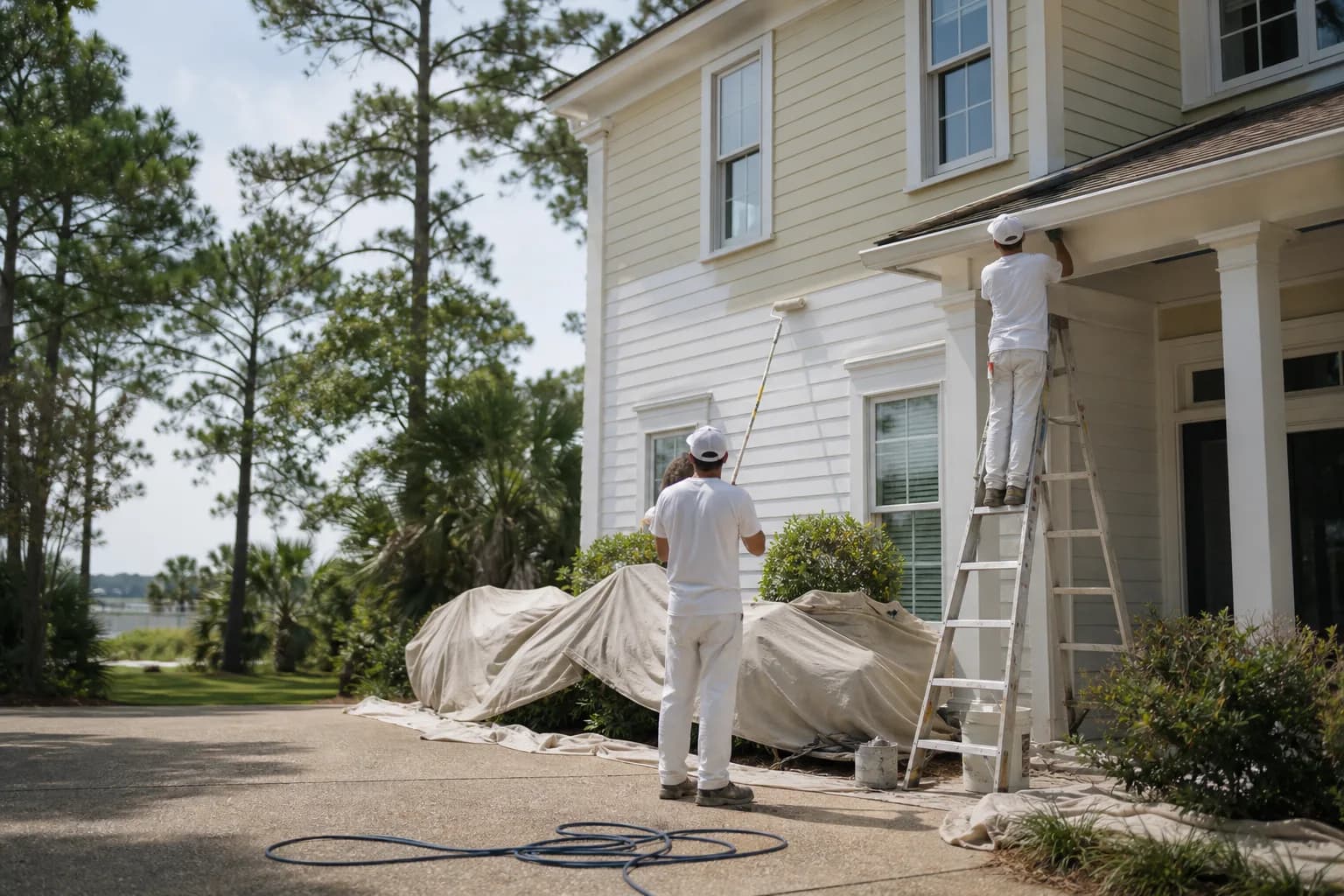 Two-painter crew mid-project on a two-story Gulf Coast home exterior, showing how long an exterior paint job takes