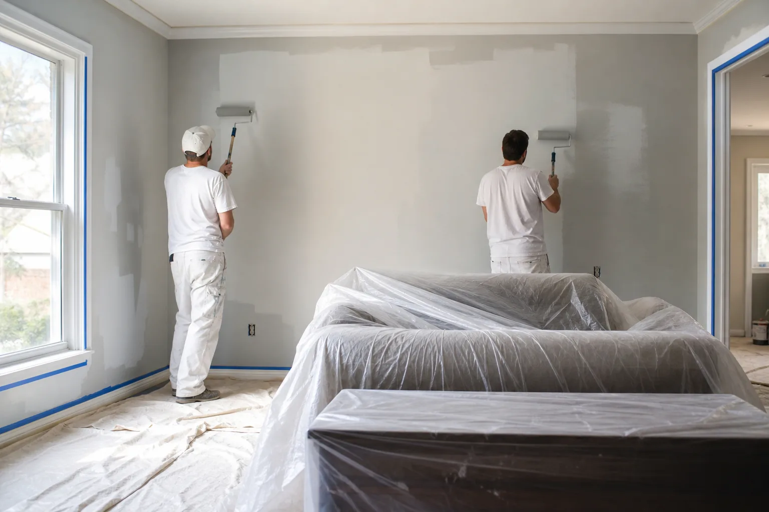 Crew mid-project rolling fresh paint on living room walls during an interior house painting timeline