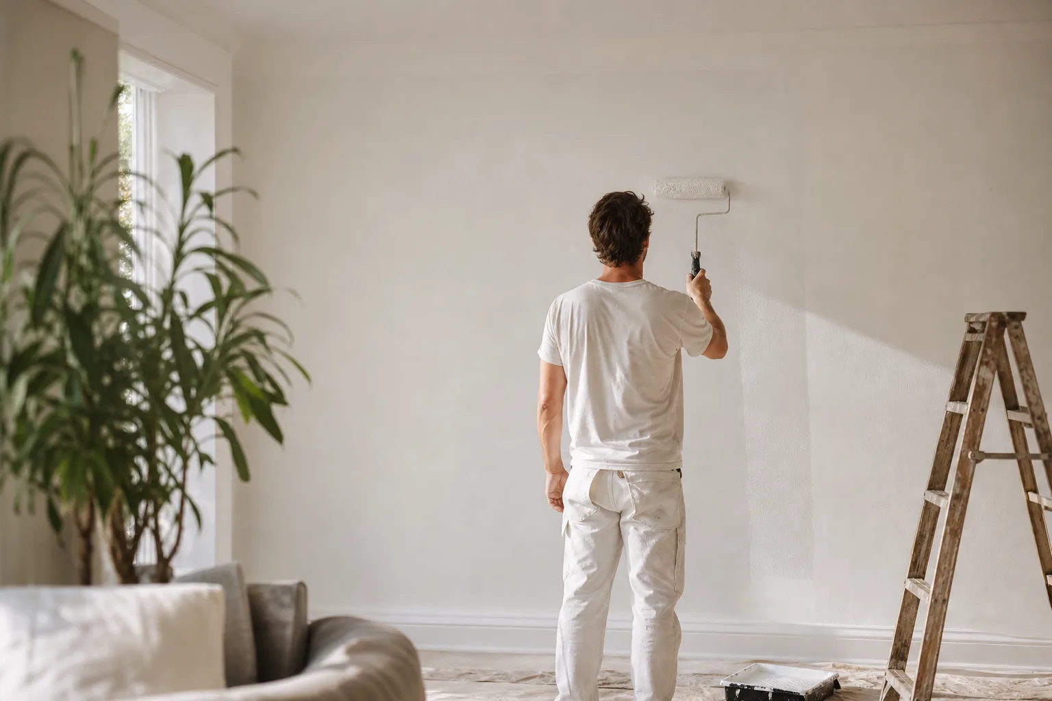 Painter applying a second coat of paint to an interior wall, the standard two-coat finish for interior painting