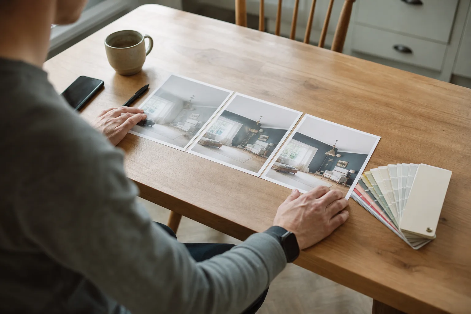 Homeowner reviewing three written painting quotes to decide how many bids to get before hiring a painter