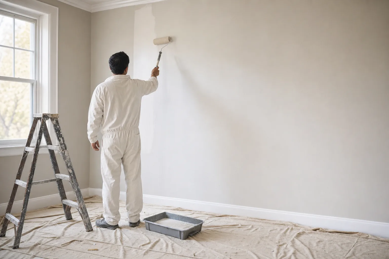 Painter rolling fresh neutral paint on an empty room wall before selling