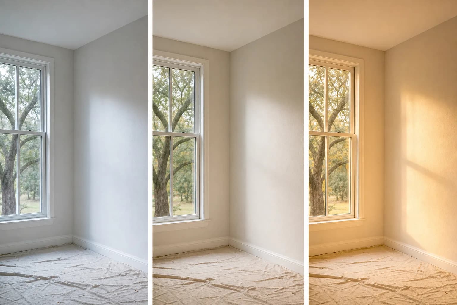 The same paint color shown under cool, neutral, and warm daylight, illustrating how natural light changes paint color