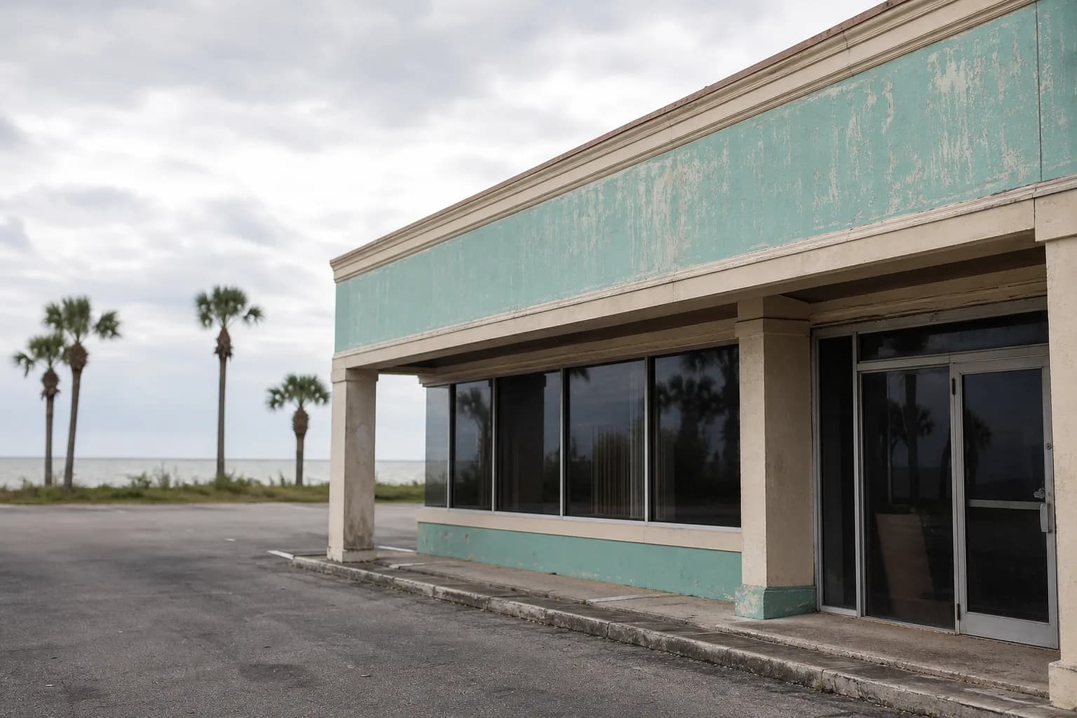 Faded and chalking exterior wall of a Gulf Coast commercial building due for a repaint