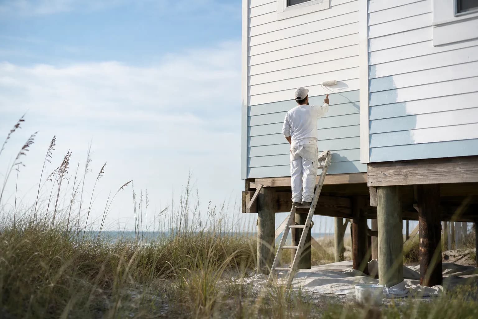 Painter repainting a raised coastal beach home near Gulf Shores in Baldwin County