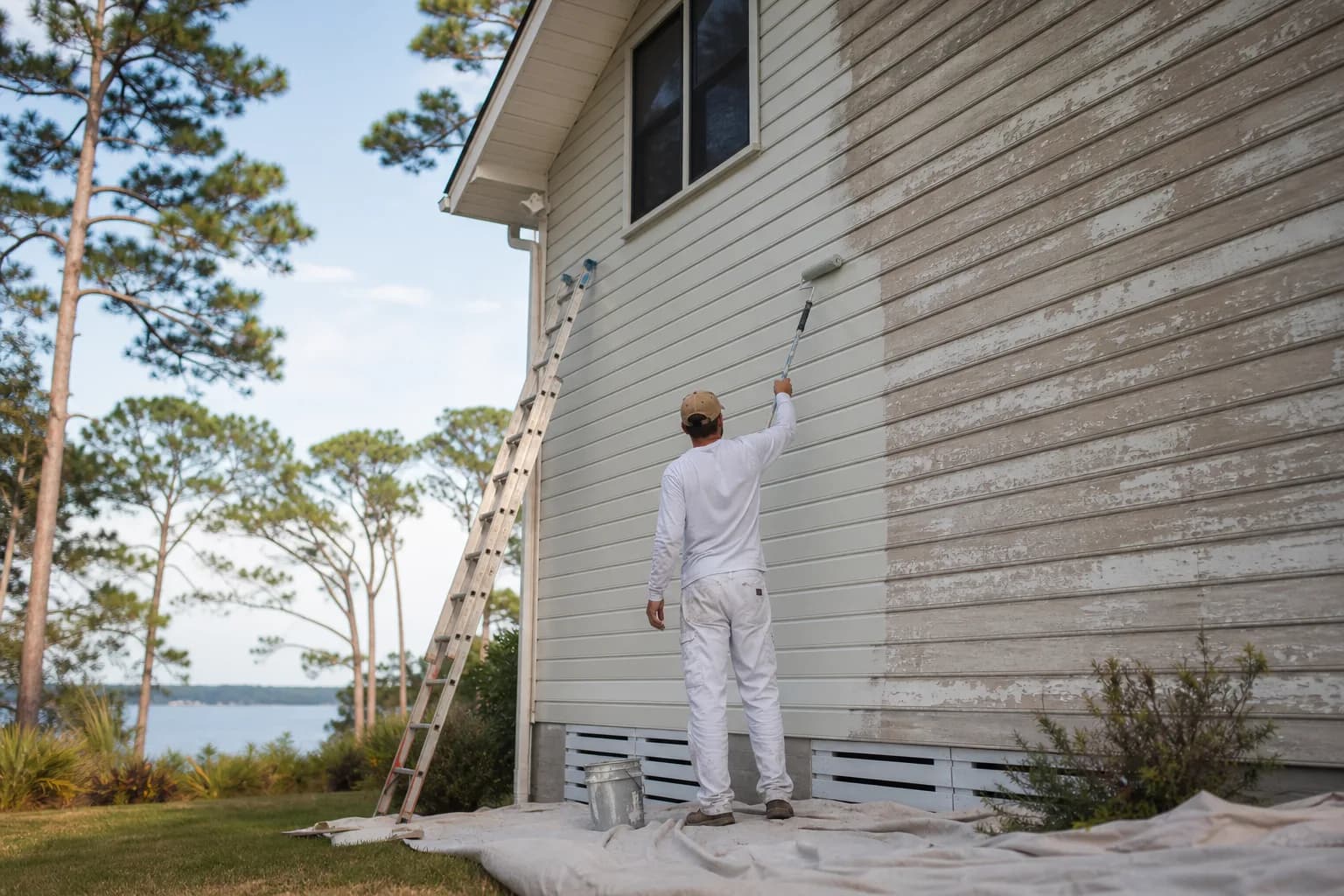 Painter repainting the faded sun-beaten exterior siding of a Gulf Coast home