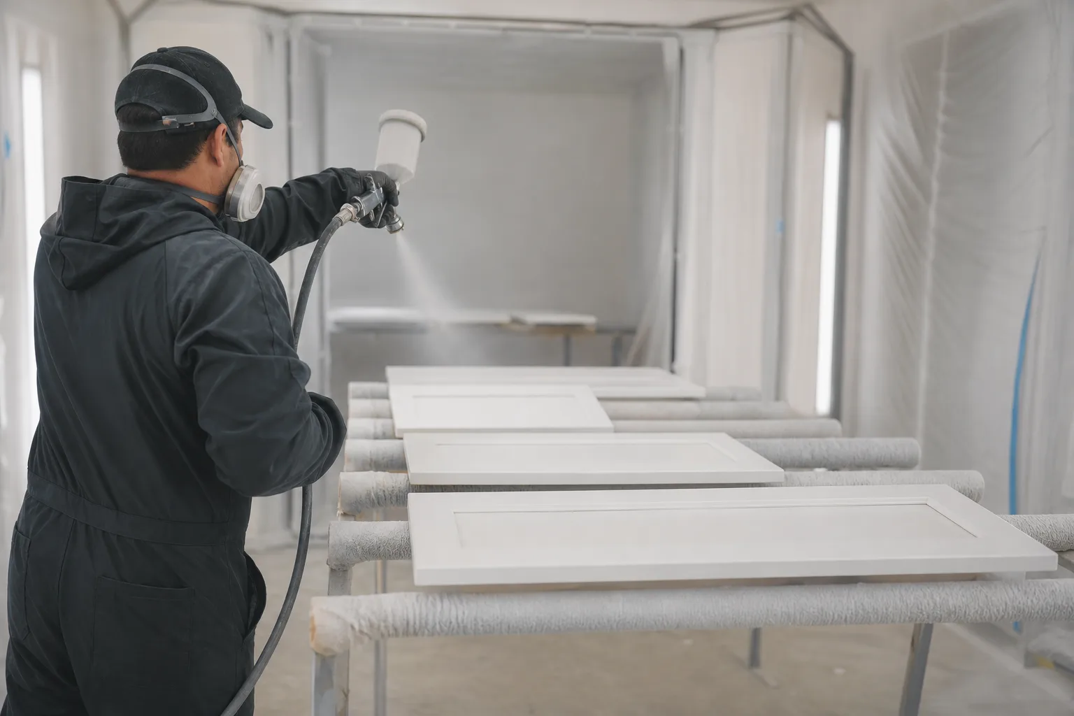 Cabinet doors on racks inside Pro 1's climate-controlled drying and preparation booth at the off-site shop being sprayed