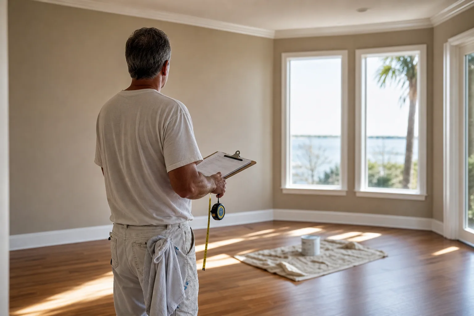 Painter measuring and taking notes in an empty room while building a painting quote, showing how painters price a job