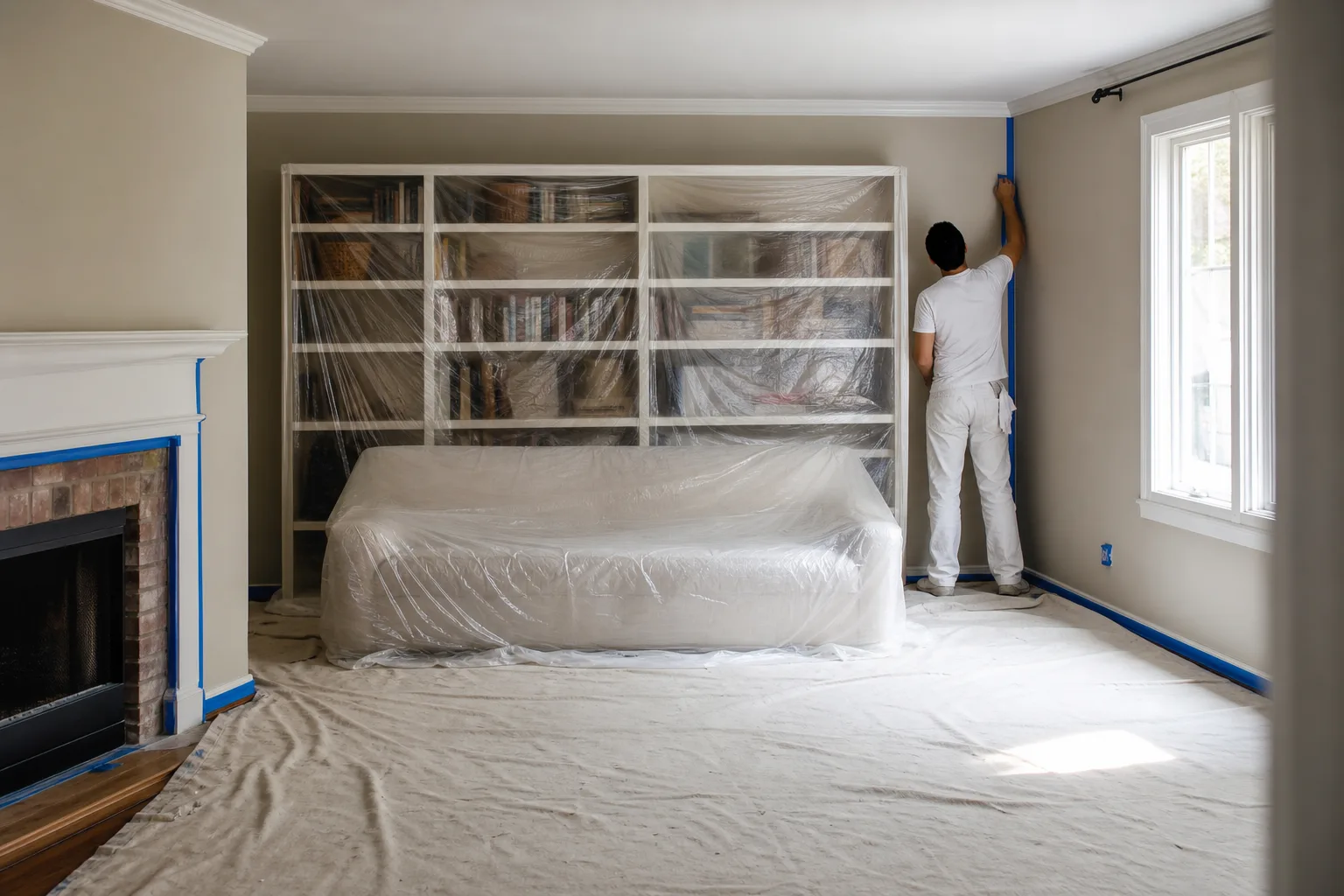 Floors covered with drop cloths and furniture wrapped in plastic with masked trim during an interior paint job