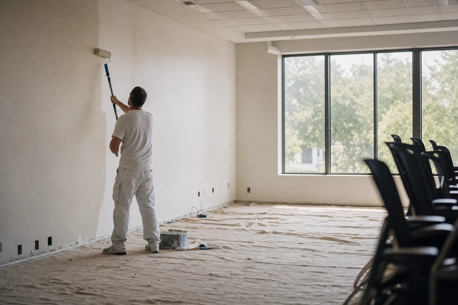 Painter rolling a wall in an empty office after hours