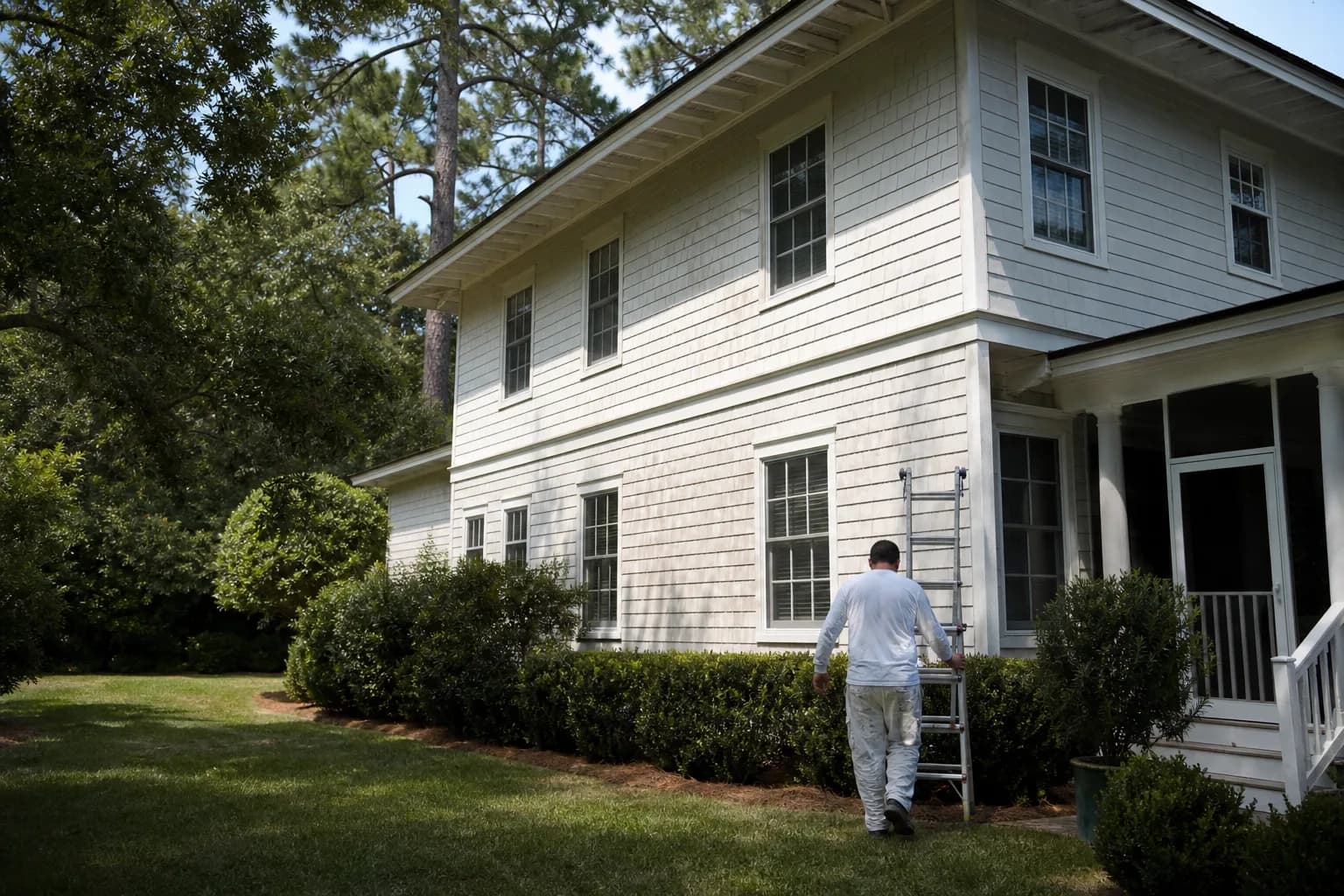 Sun-faded south and west walls of a Gulf Coast home next to a shaded, brighter elevation