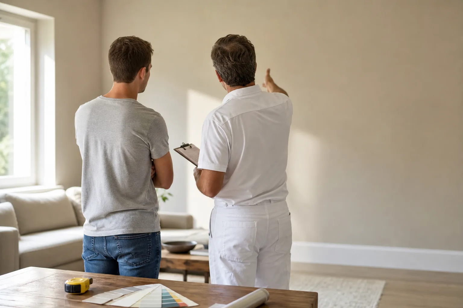 Painter walking a homeowner through an in-home painting estimate in a sunlit living room