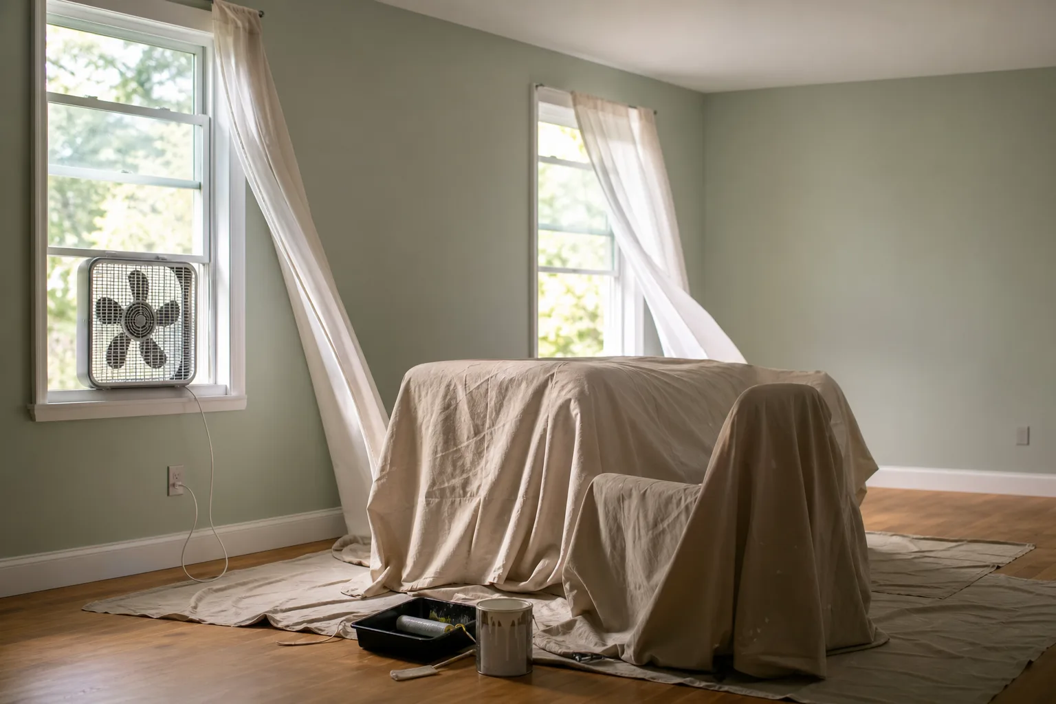 Freshly painted room being aired out with open windows and a box fan in the window to clear paint smell