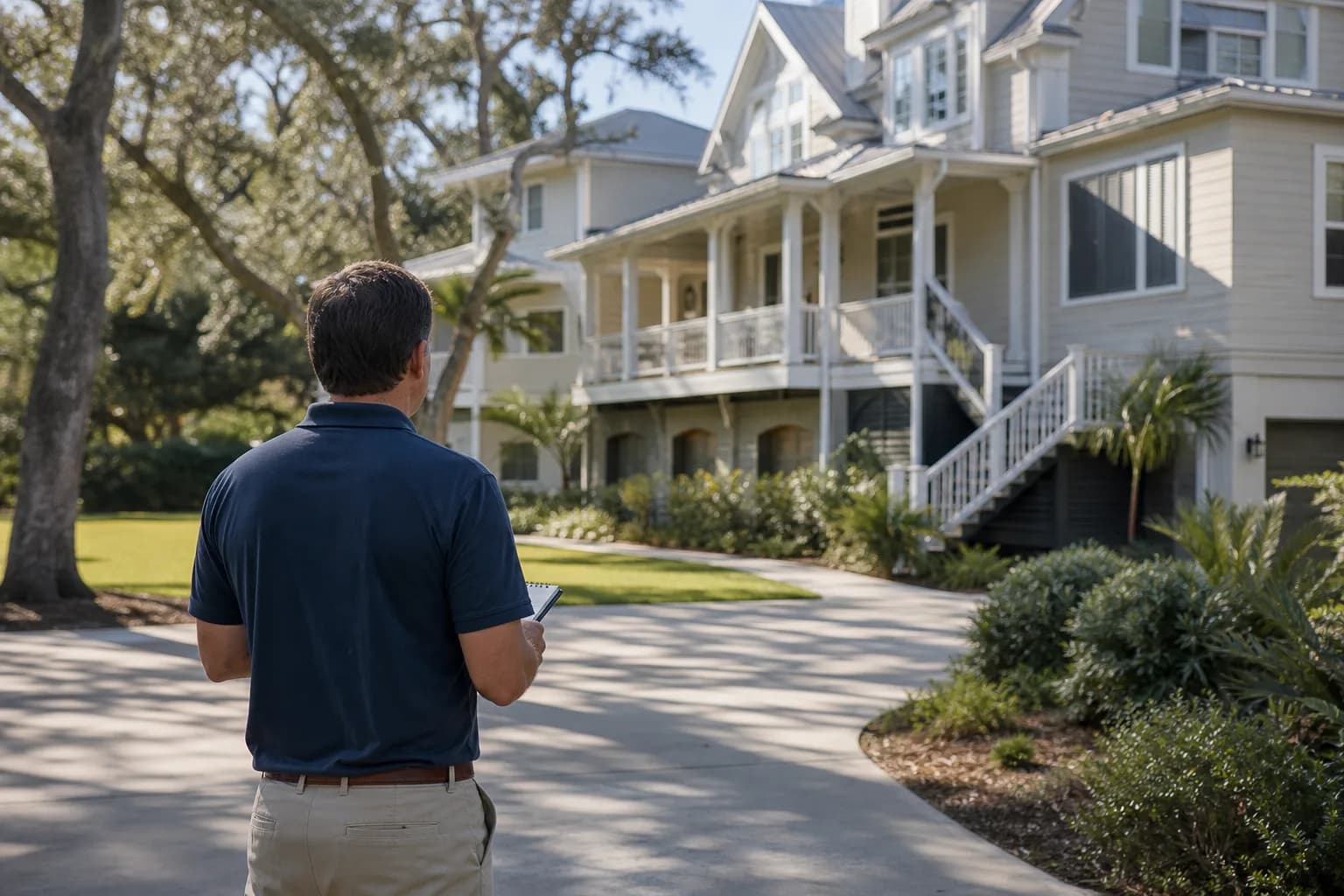 Homeowner assessing a two-story home from the driveway while planning a whole-house repaint budget