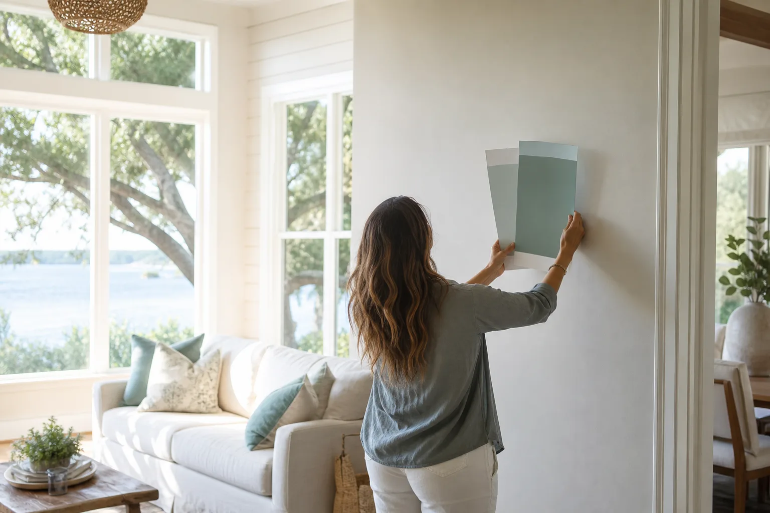 Choosing coastal interior paint colors by holding samples to the wall in a sunlit Gulf Coast living room