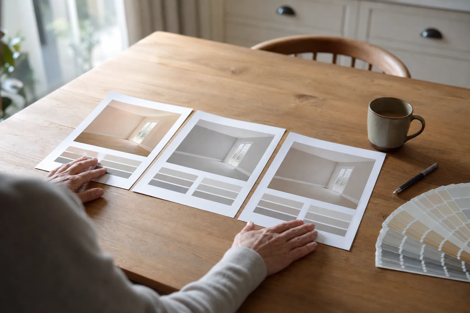 Homeowner comparing three written painting quotes side by side at a kitchen table to evaluate prep, product, and coats