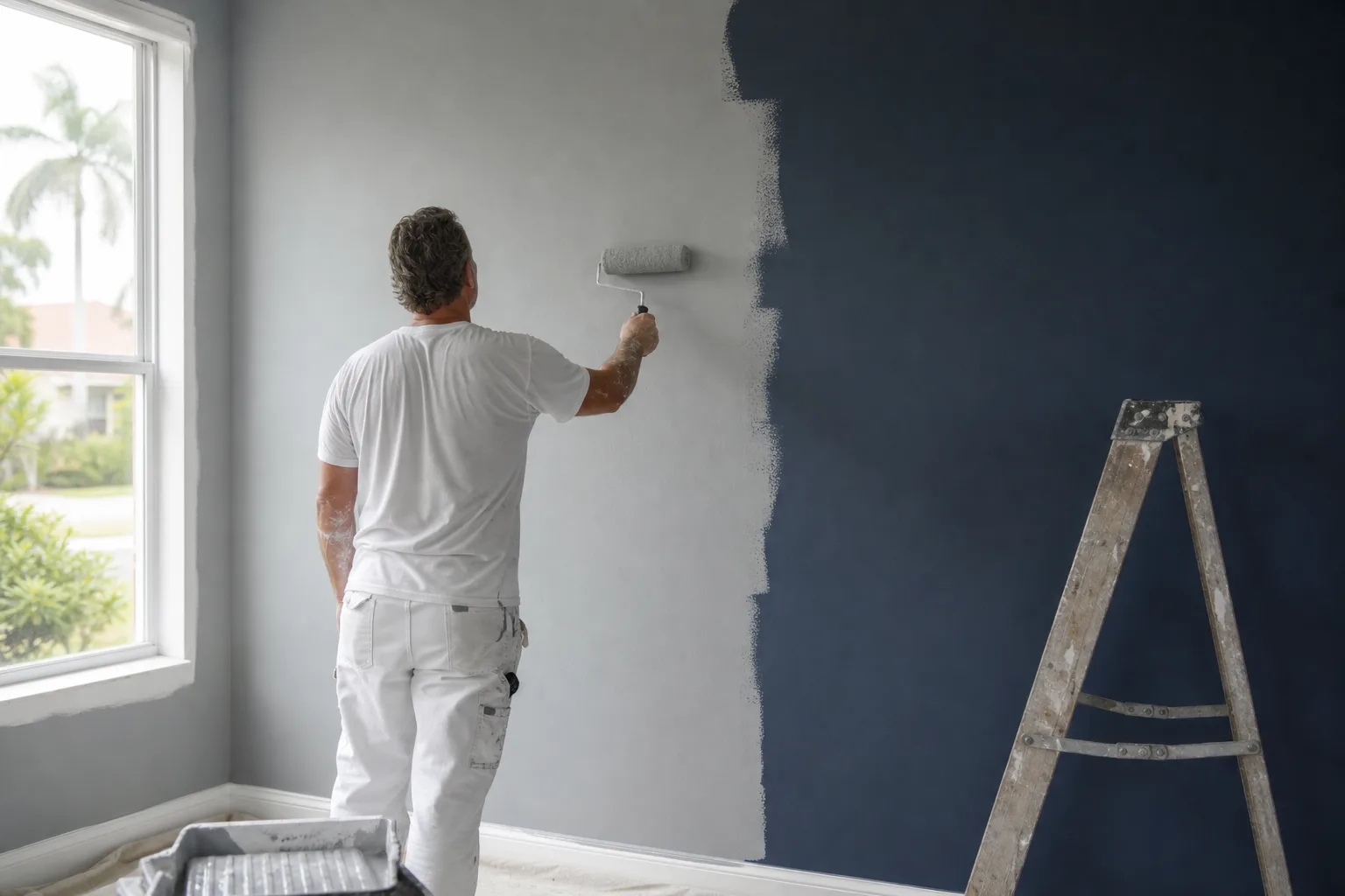 Rolling gray tinted primer over a dark navy wall to cover it in fewer coats before painting it light