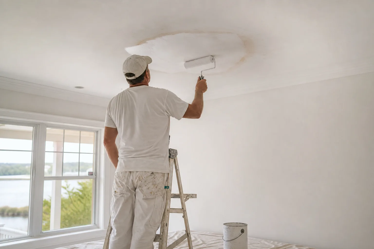 Rolling stain-blocking primer over a water stain on a ceiling before repainting it