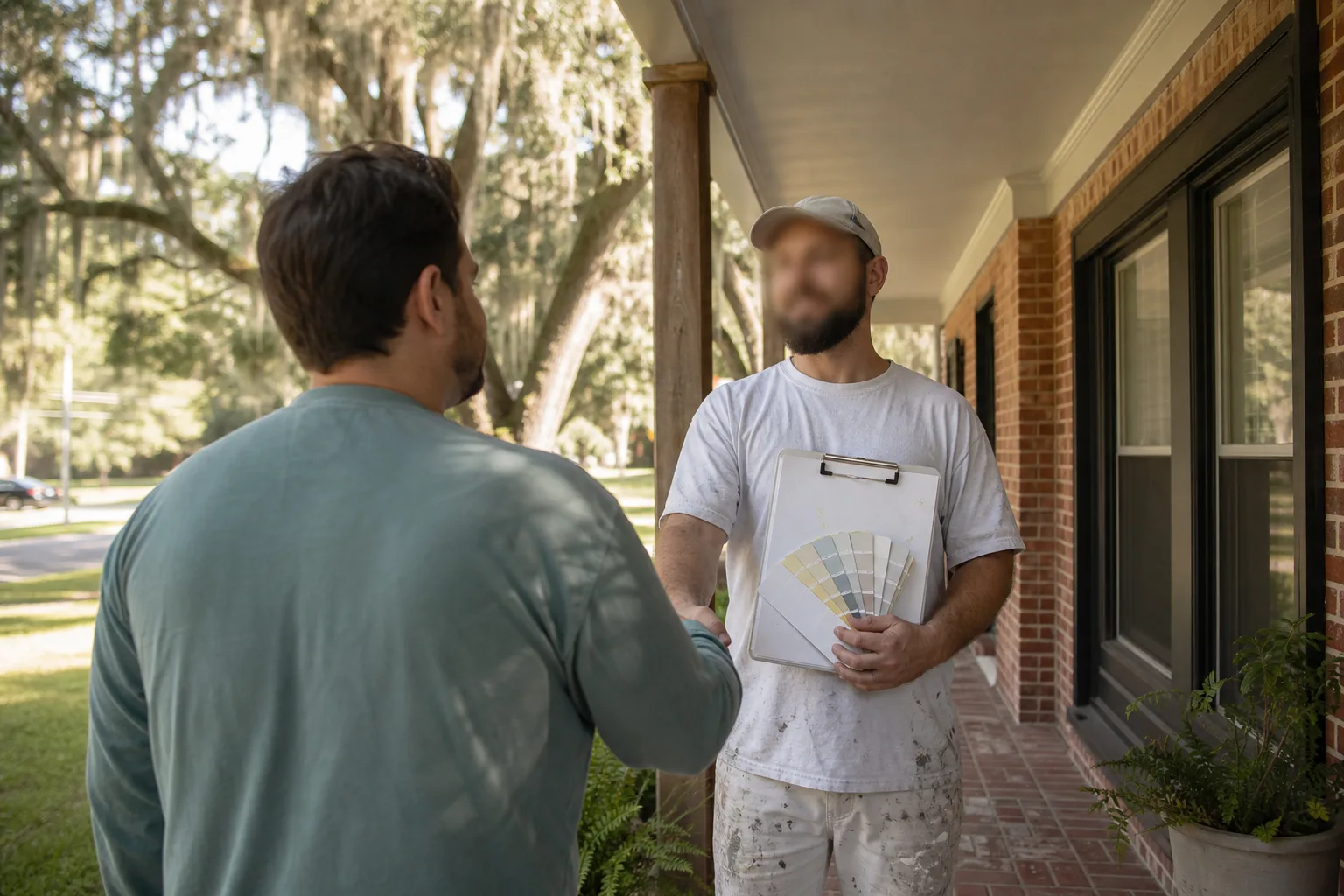 Homeowner shaking hands with a painting contractor on a Mobile front porch, illustrating how to hire a painter in Mobile and Baldwin County