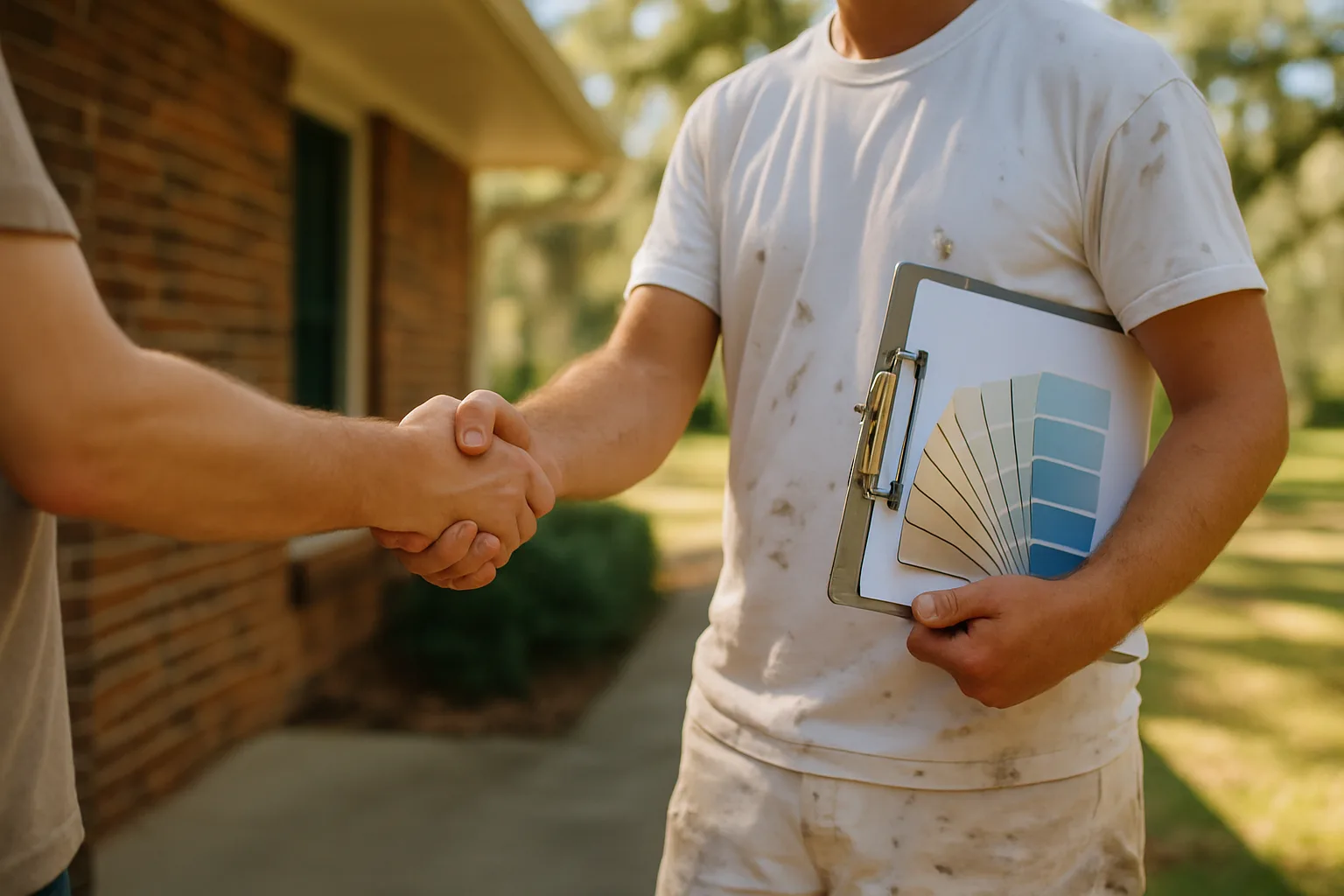 Homeowner shaking hands with a painting contractor on a Mobile front porch, illustrating how to hire a painter in Mobile and Baldwin County