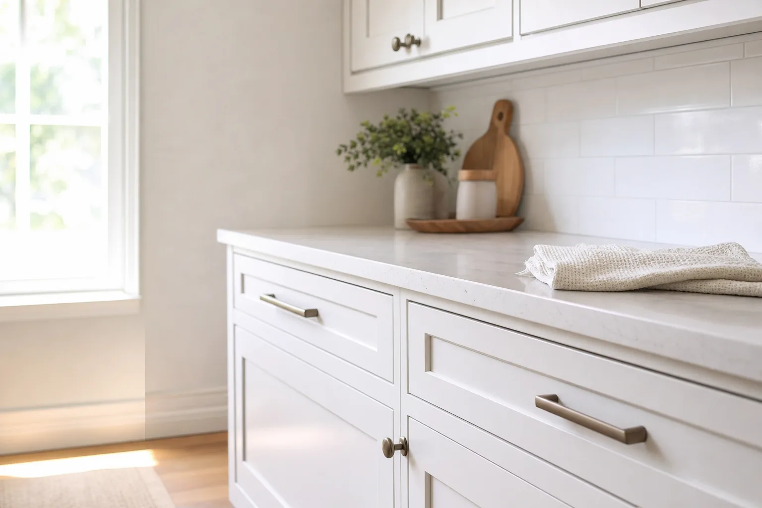Pristine white painted kitchen cabinets in a bright clean kitchen