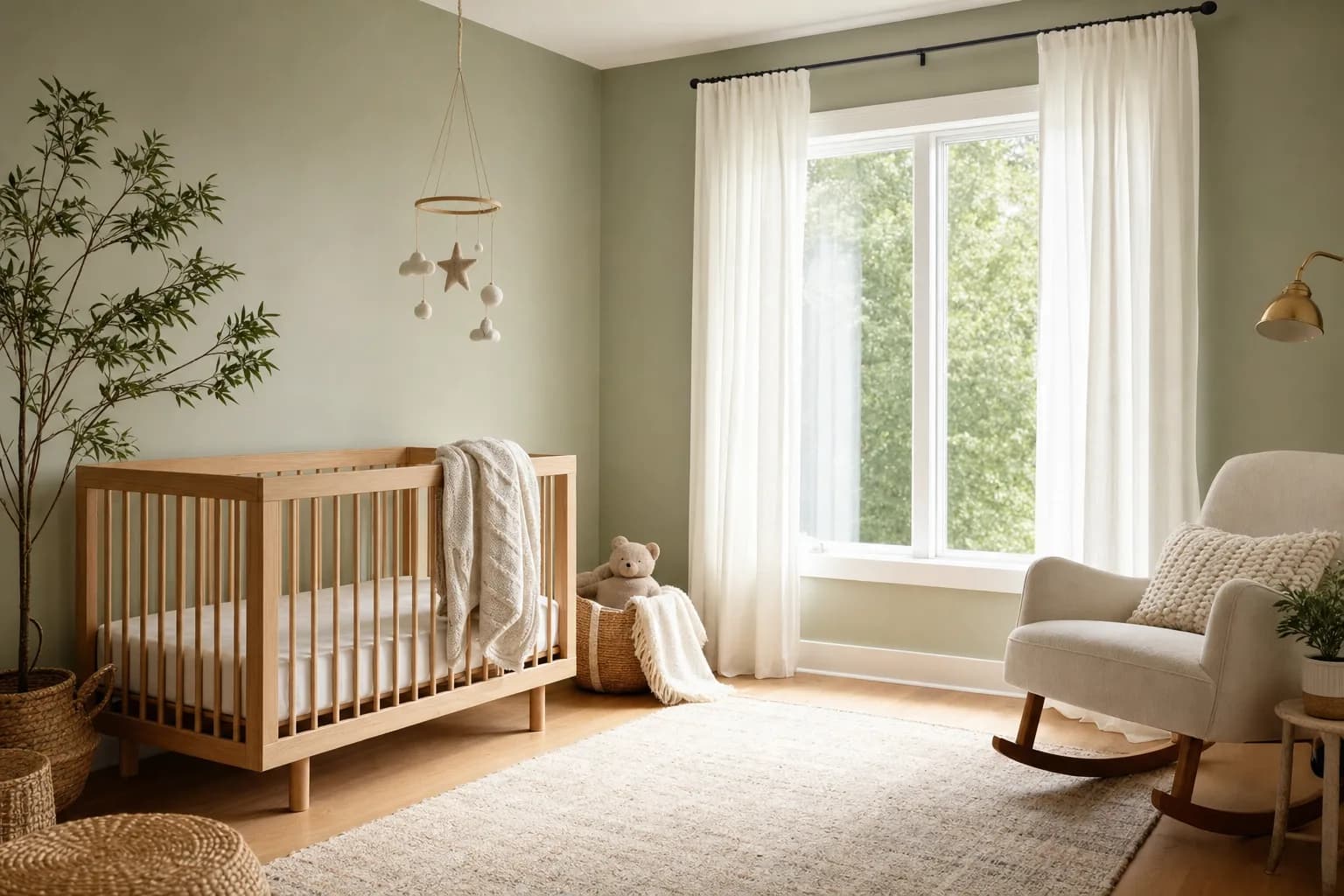 Soft, freshly painted nursery in a gentle pastel with a crib