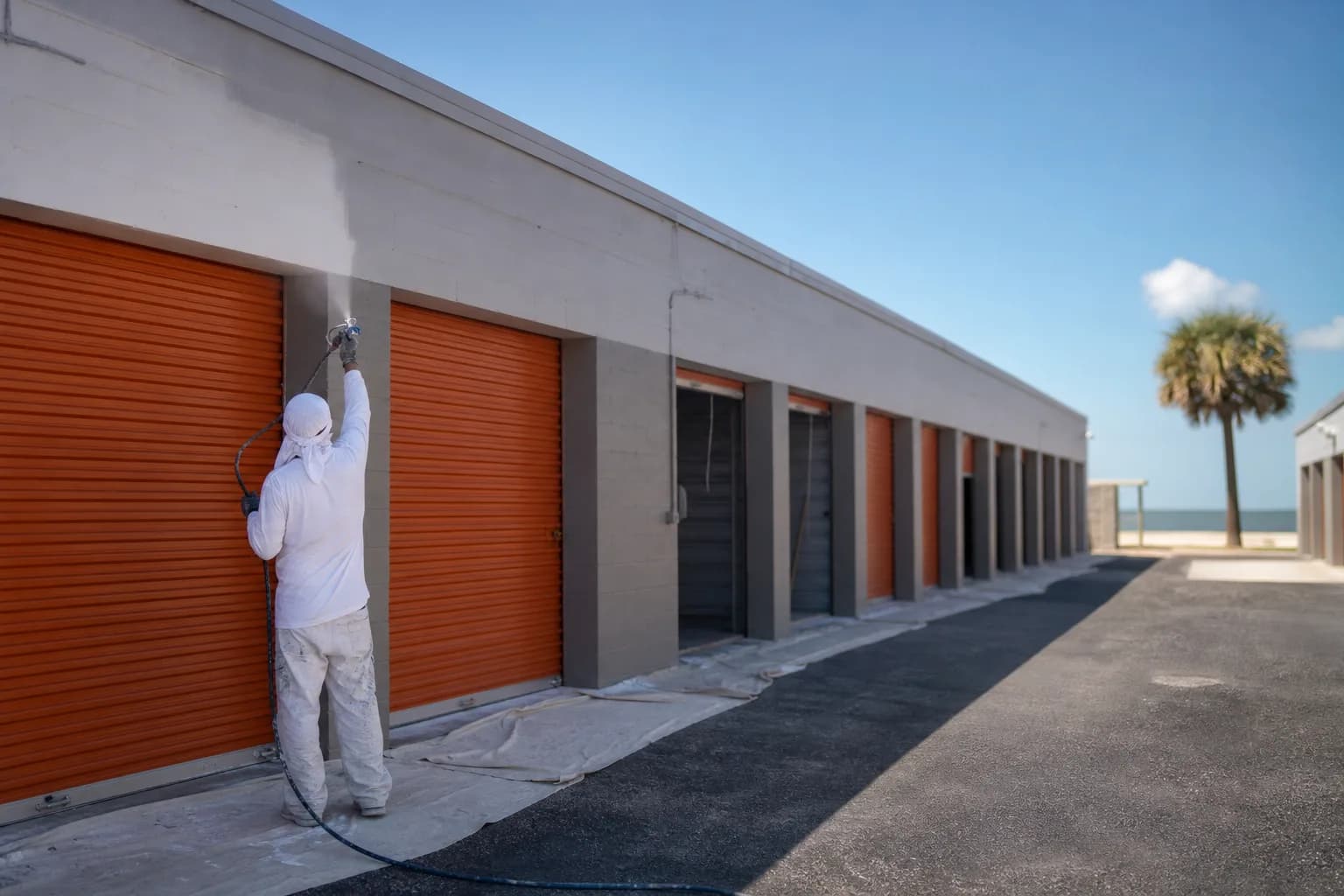 Painter repainting one row of a Gulf Coast self-storage facility while other unit doors down the drive aisle stay open and accessible to renters.