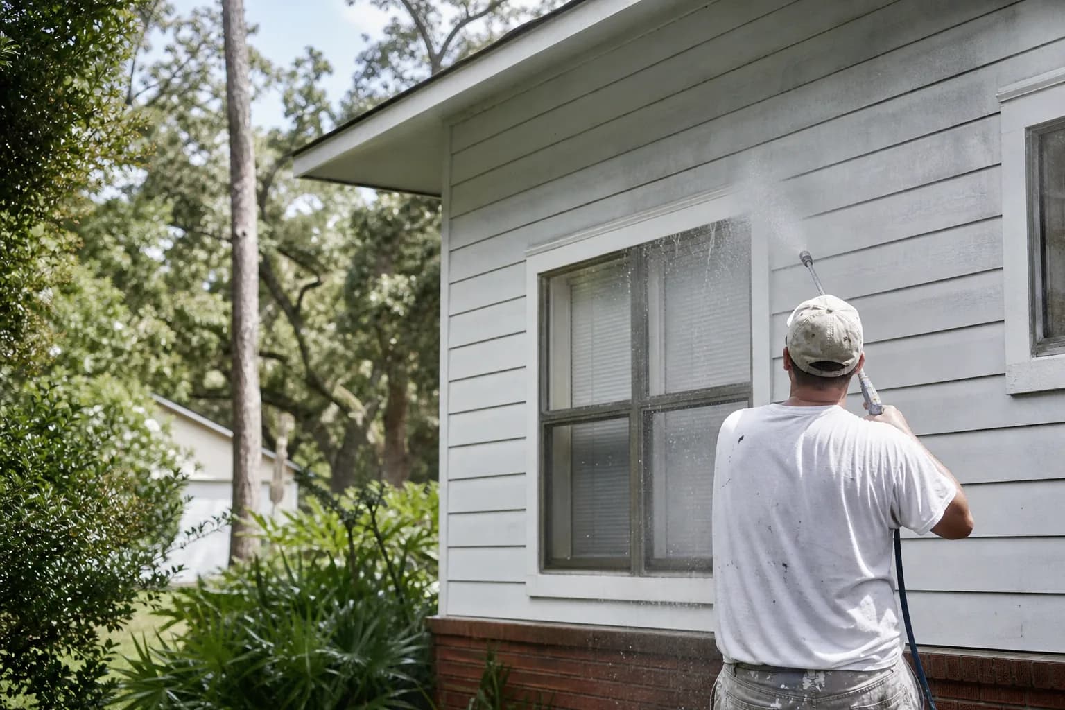Pressure-washing chalky oxidation off faded aluminum siding before repainting on a Gulf Coast home