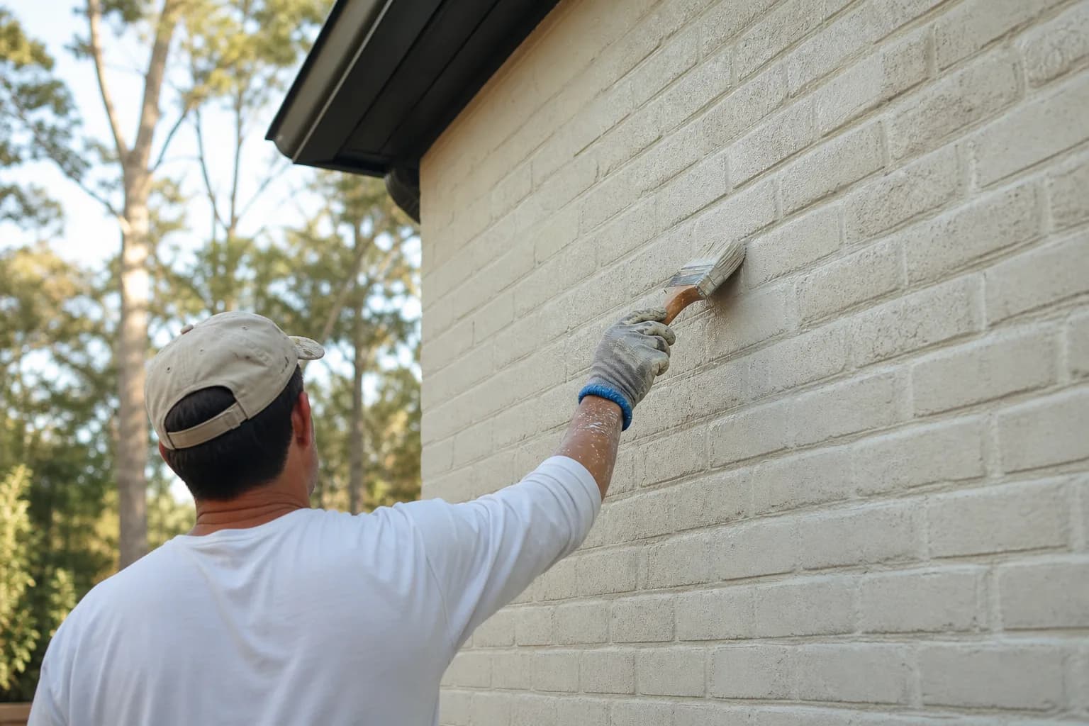 Brushing breathable masonry paint onto a prepped brick exterior wall on a Gulf Coast home