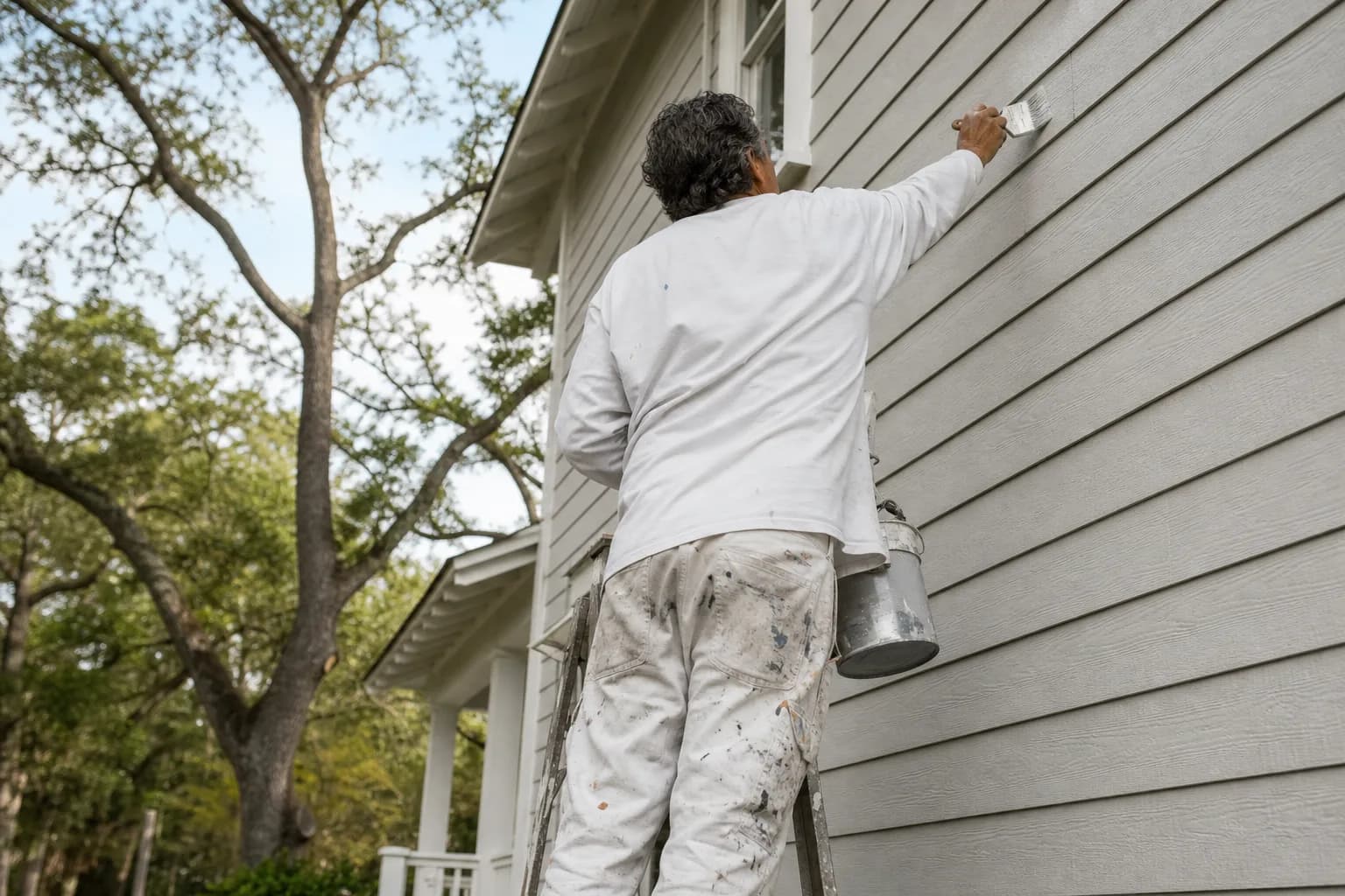 Painter applying acrylic exterior paint to Hardie board fiber cement siding on a Gulf Coast home