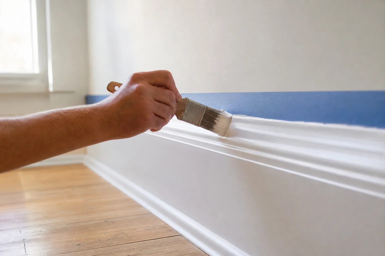 Painter cutting a crisp line of white semi-gloss enamel along a baseboard, showing how to paint trim and baseboards