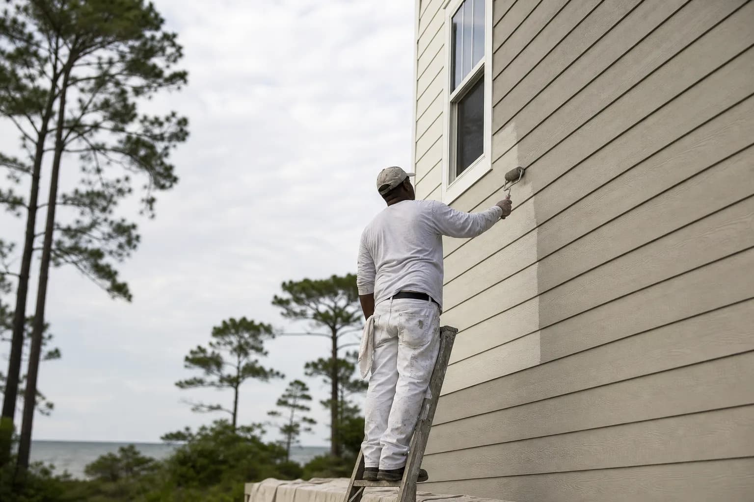 Painter rolling fresh paint onto LP SmartSide engineered wood lap siding on a coastal Alabama home