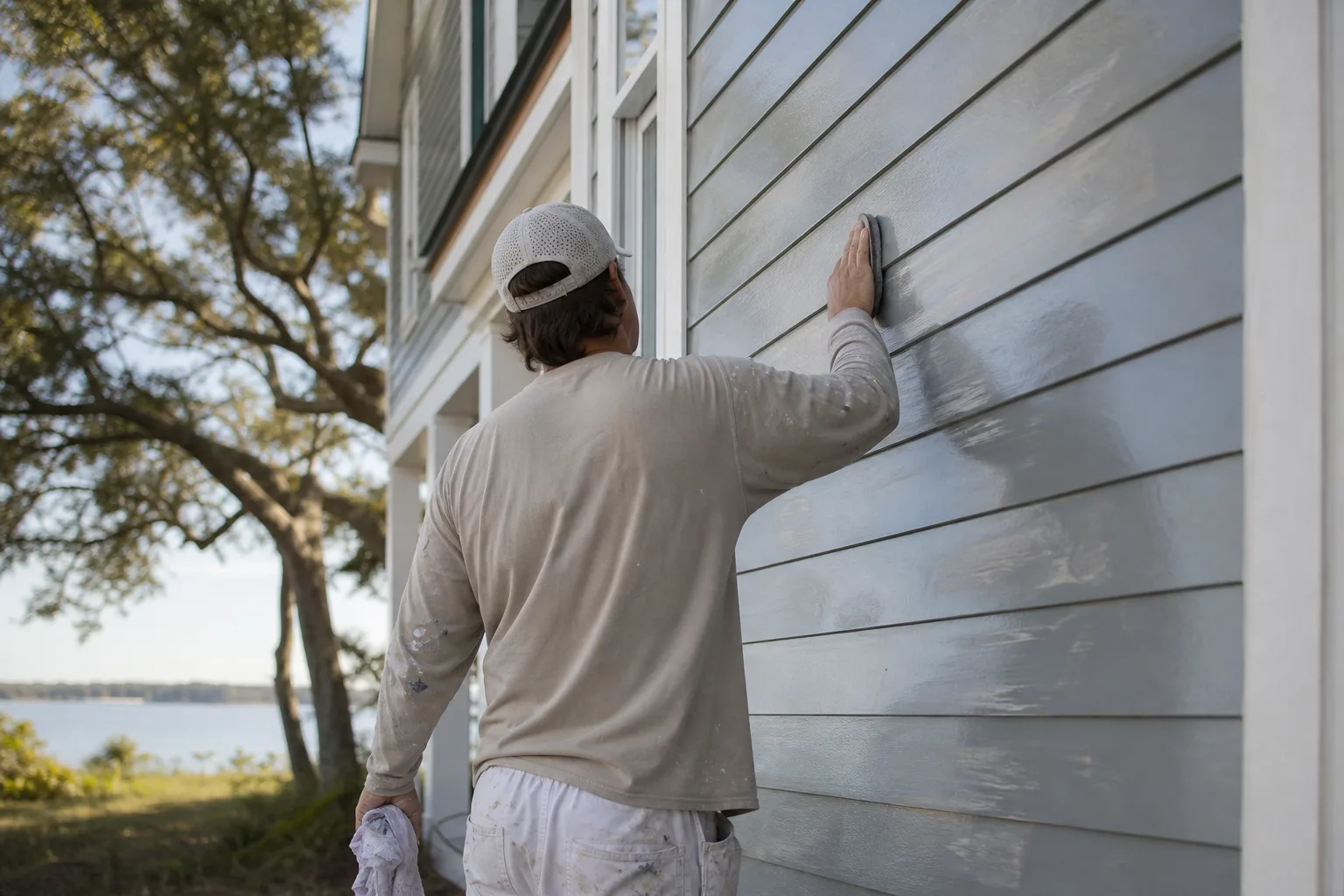 A painter scuff-sanding glossy exterior siding on a Gulf Coast home to prep it for a new coat of paint.