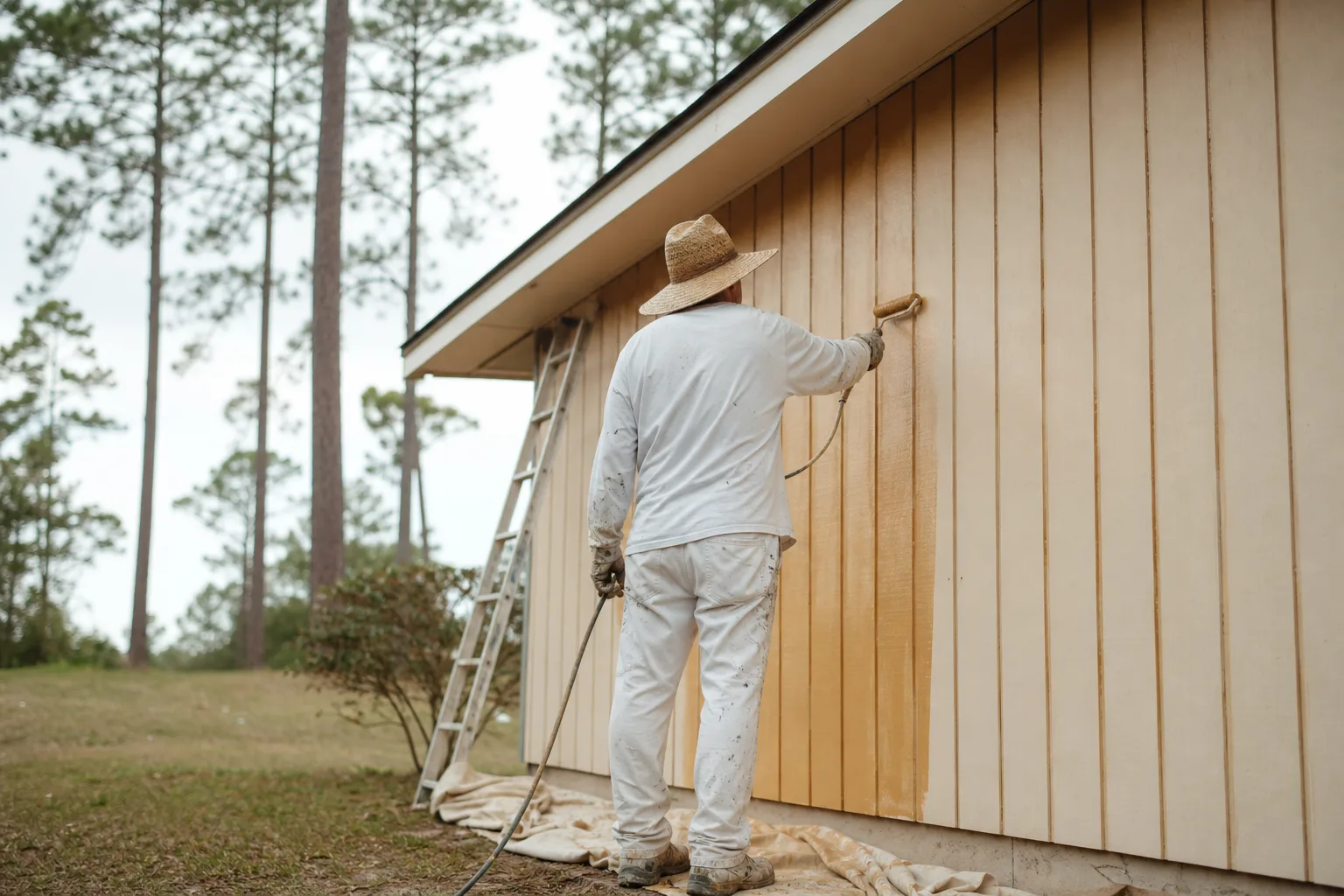 Painter spraying and back-rolling exterior paint into the vertical grooves of T1-11 plywood siding on a coastal Alabama home