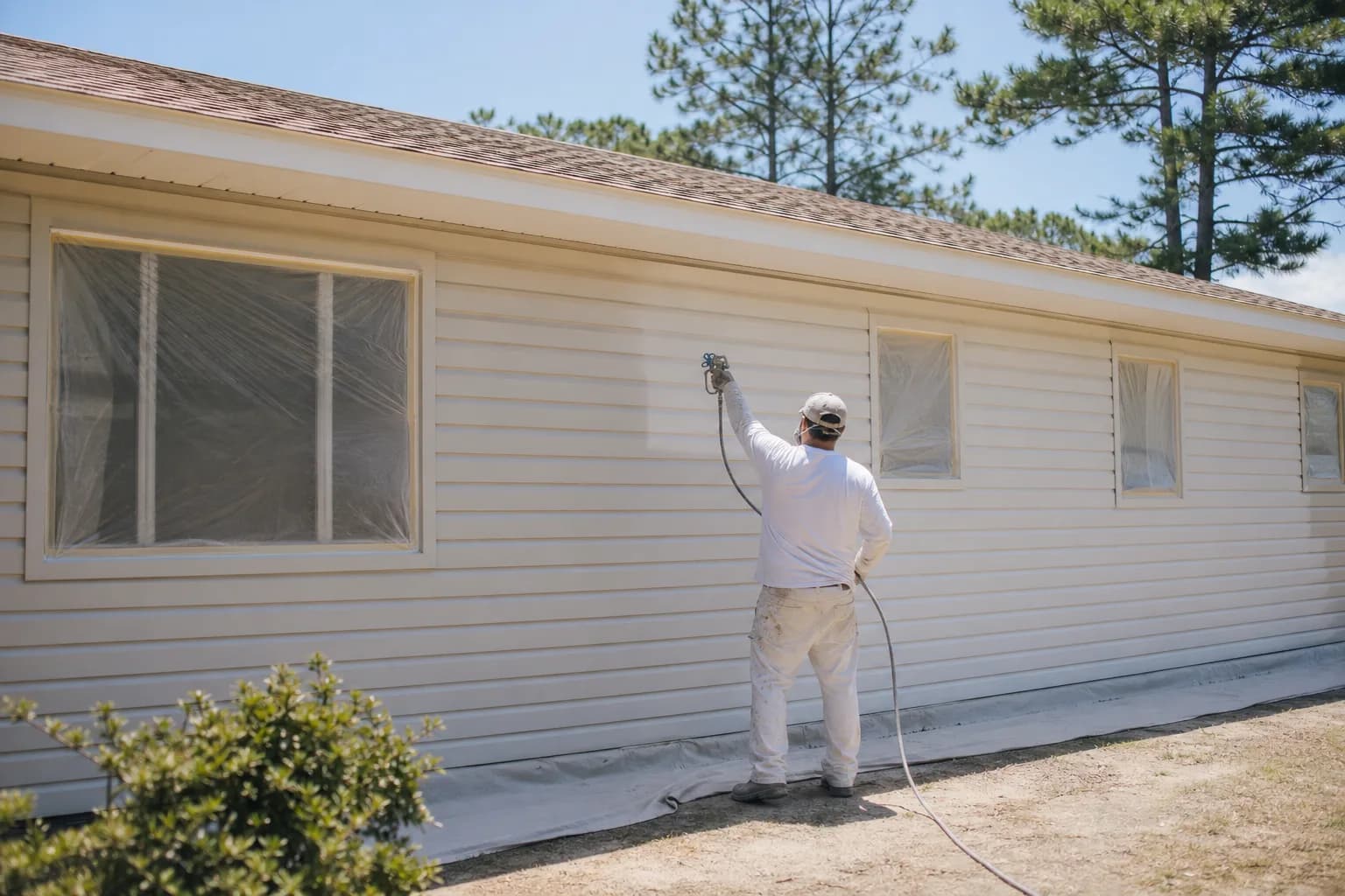 Painting vinyl siding a light vinyl-safe color on a Gulf Coast home to avoid heat warping