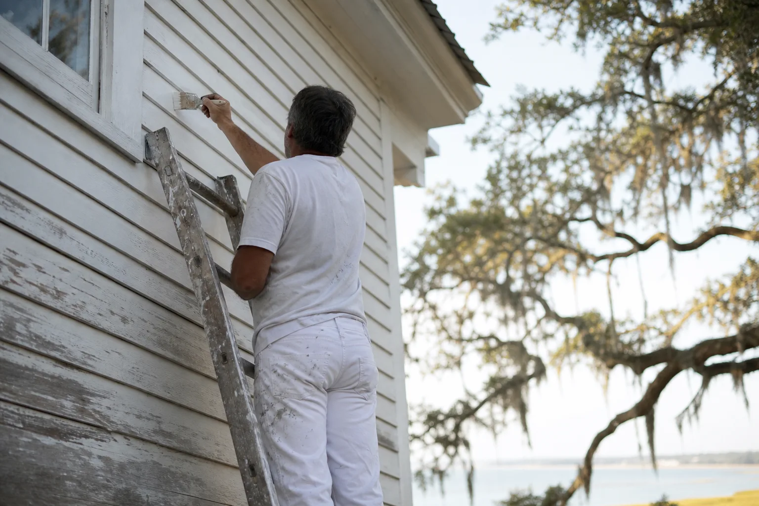 Painter brushing fresh paint along the edge of traditional wood lap siding on a coastal Alabama home